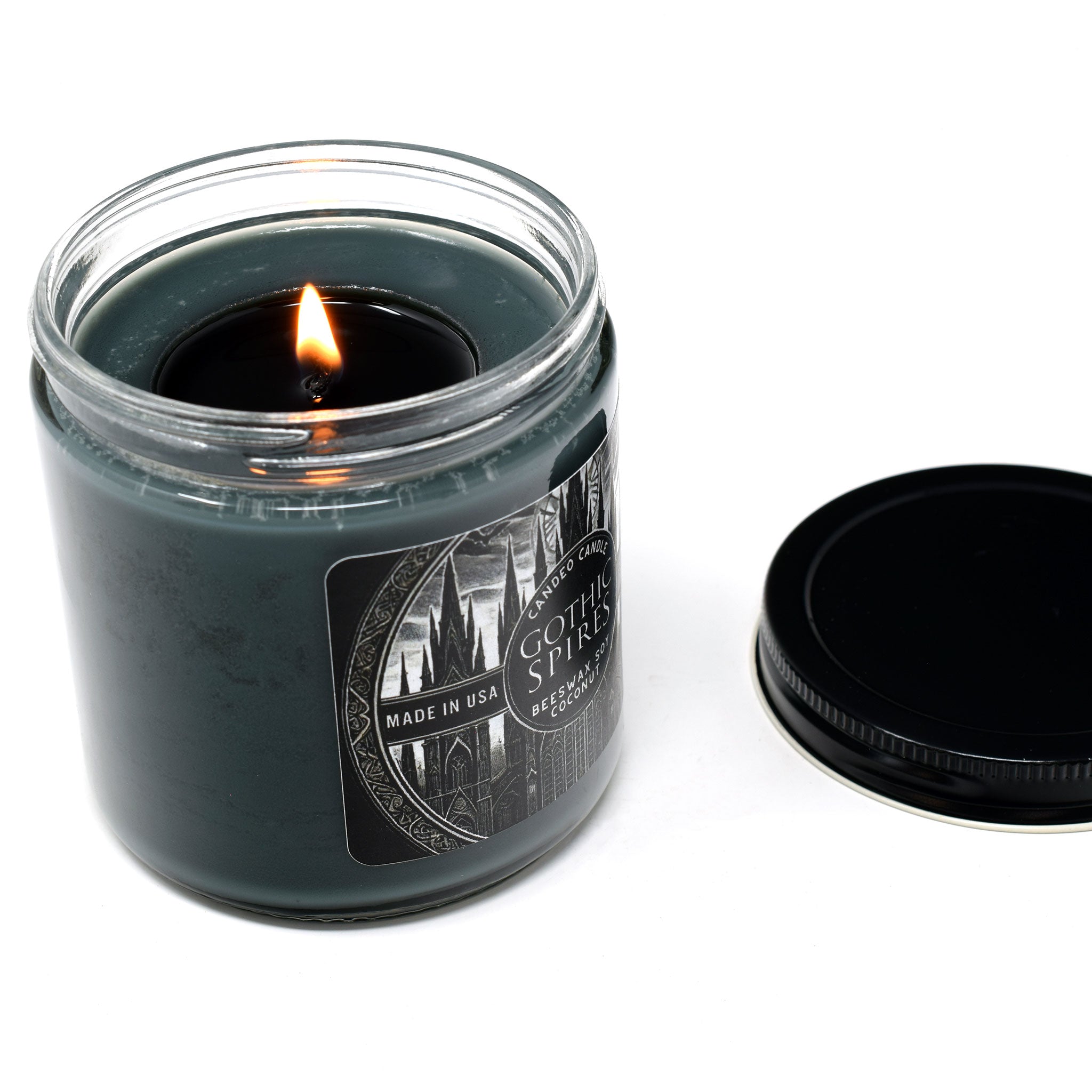 Gothic Spires, 14oz Soy Candle Jar, Made with Soy Beeswax and Coconut, Halloween