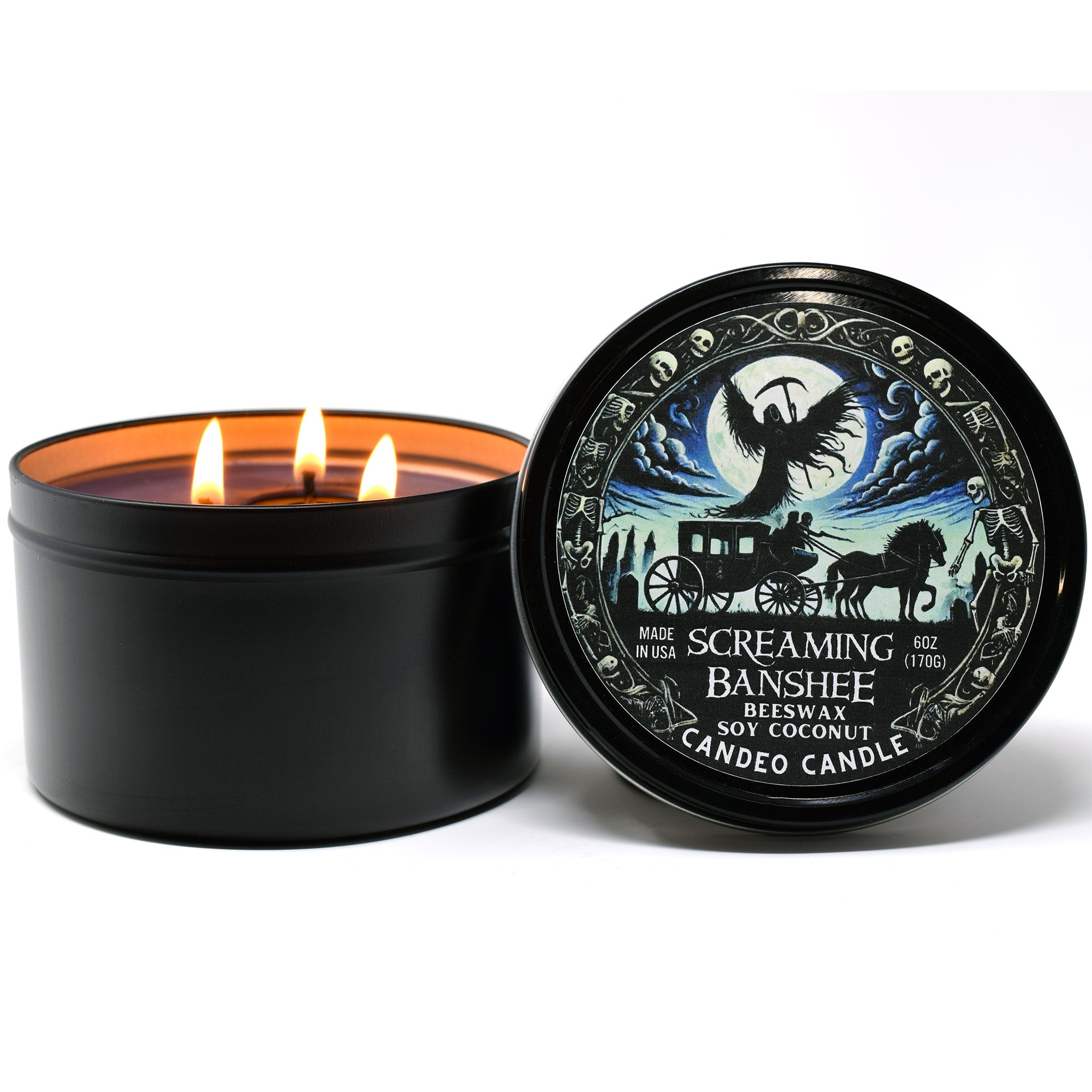 Screaming Banshee, 12oz Triple Wick Soy Candle Tin, Made with Soy Beeswax and Coconut, Halloween