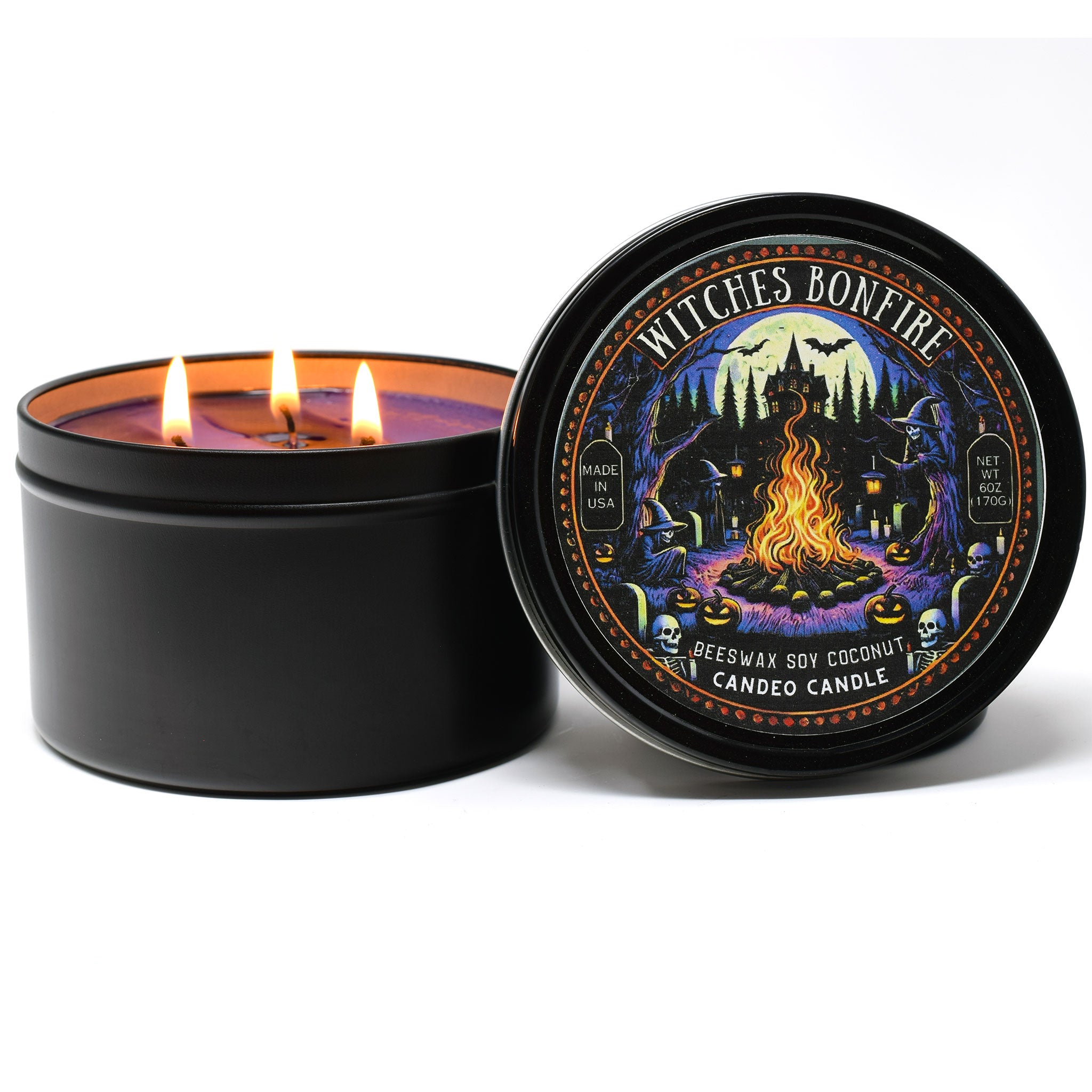Witches Bonfire, 12oz Triple Wick Soy Candle Tin, Made with Soy Beeswax and Coconut, Halloween