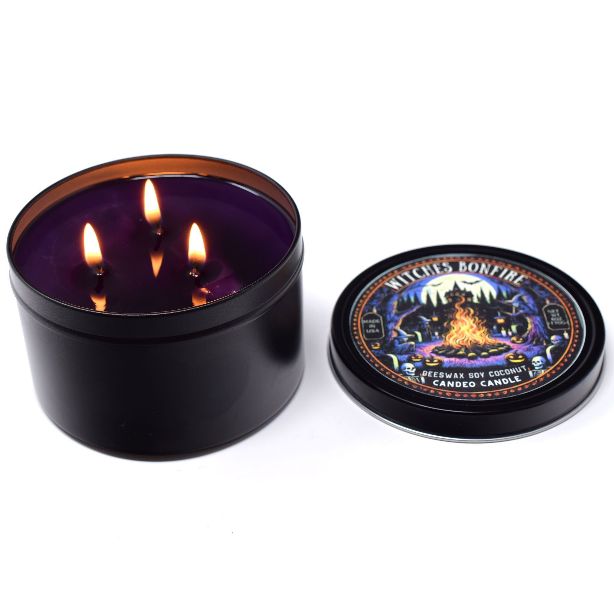 Witches Bonfire, 12oz Triple Wick Soy Candle Tin, Made with Soy Beeswax and Coconut, Halloween