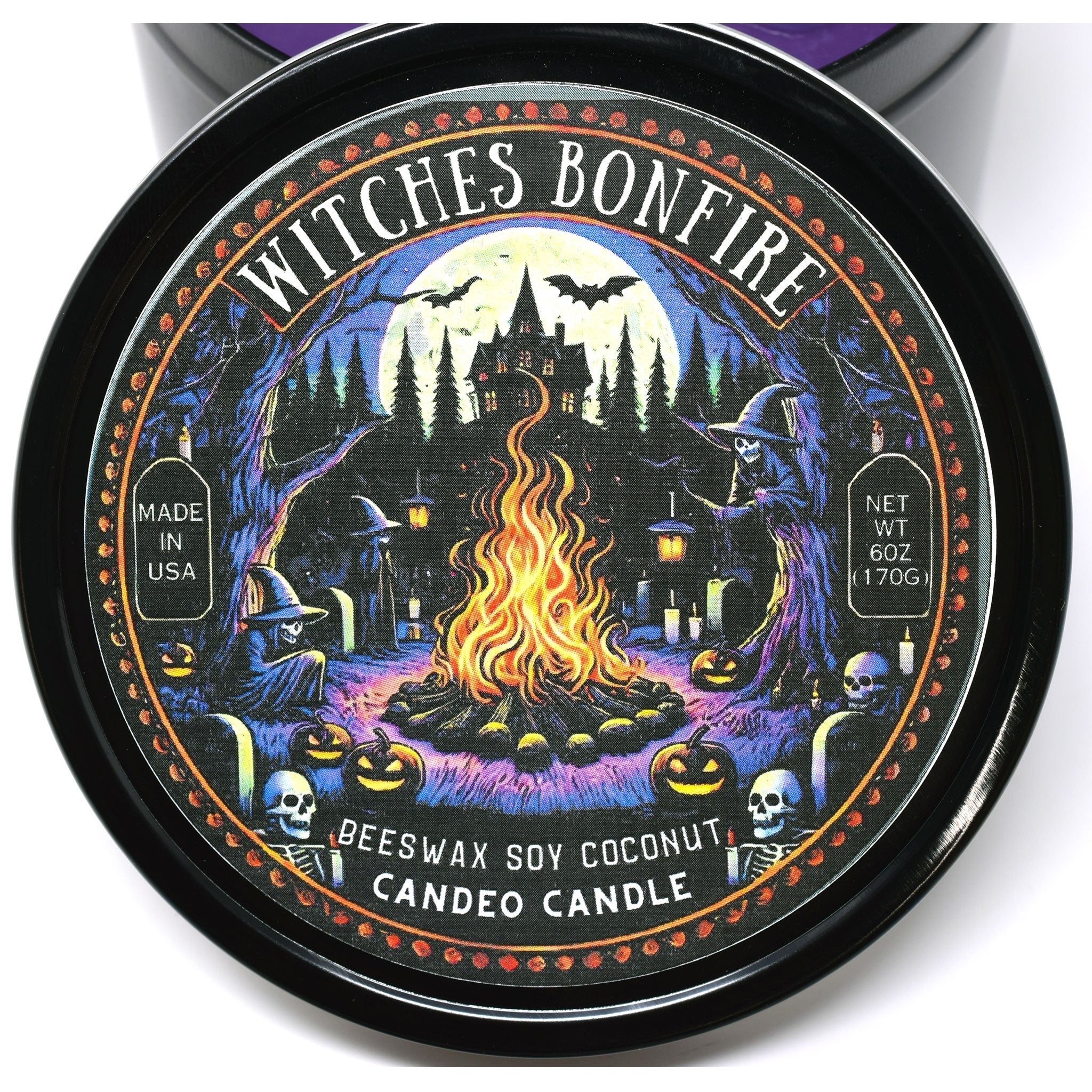 Witches Bonfire, 12oz Triple Wick Soy Candle Tin, Made with Soy Beeswax and Coconut, Halloween