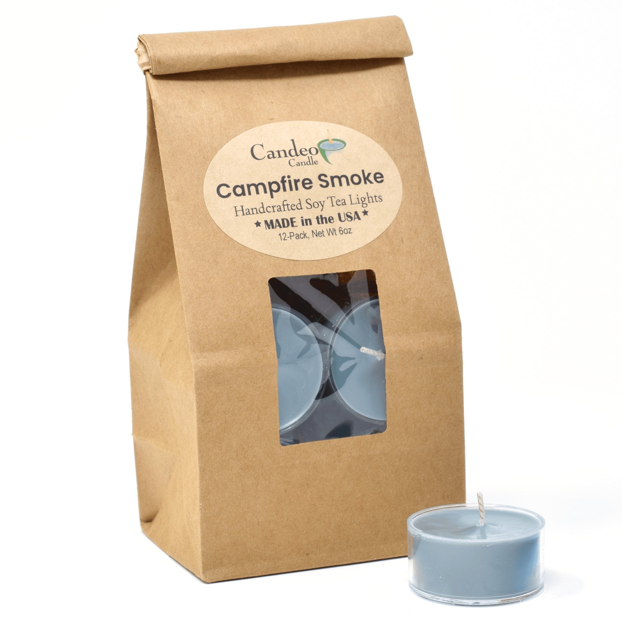 Campfire Smoke, Soy Tea Light 12-Pack - Candeo Candle