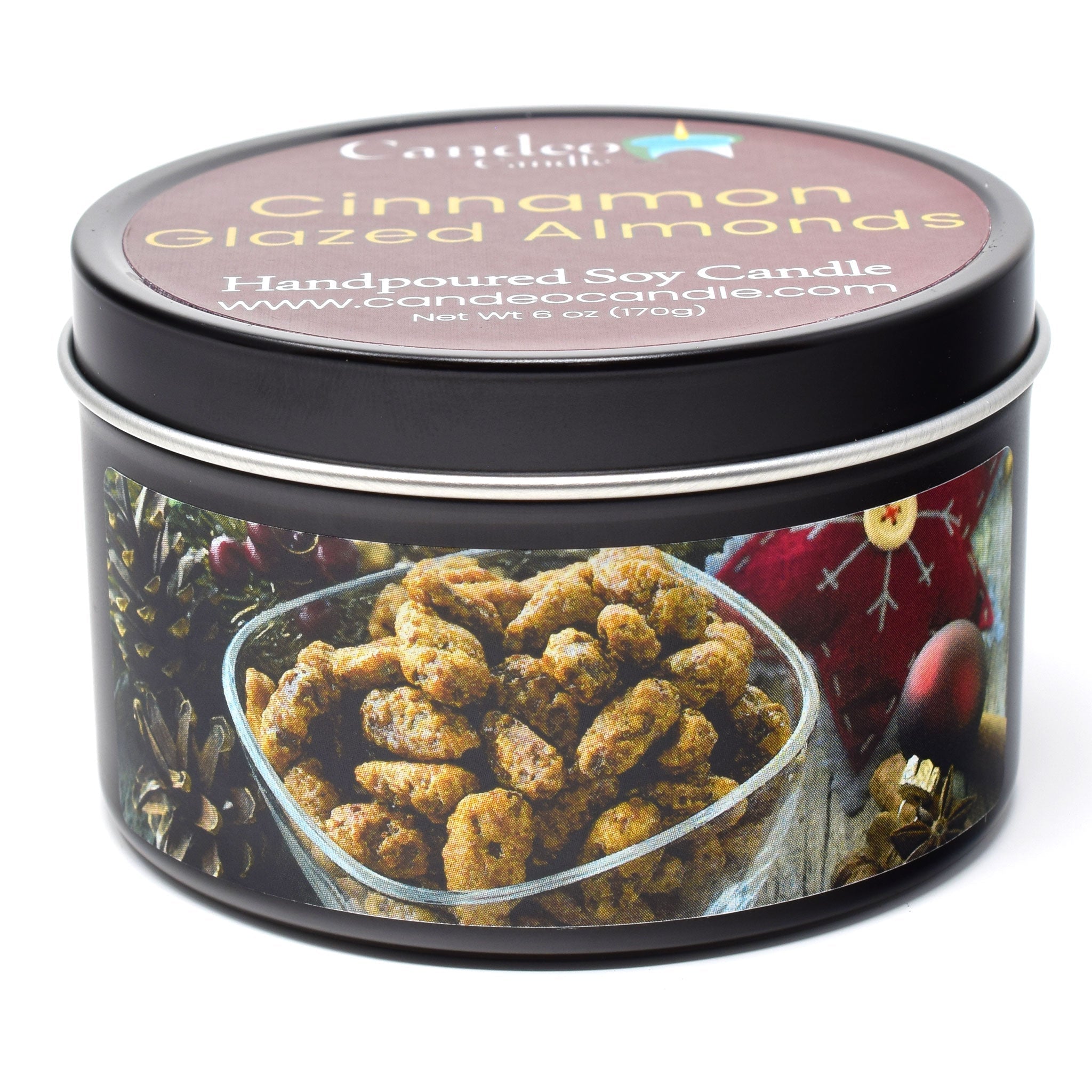 Cinnamon Glazed Almonds, 6oz Soy Candle Tin - Candeo Candle