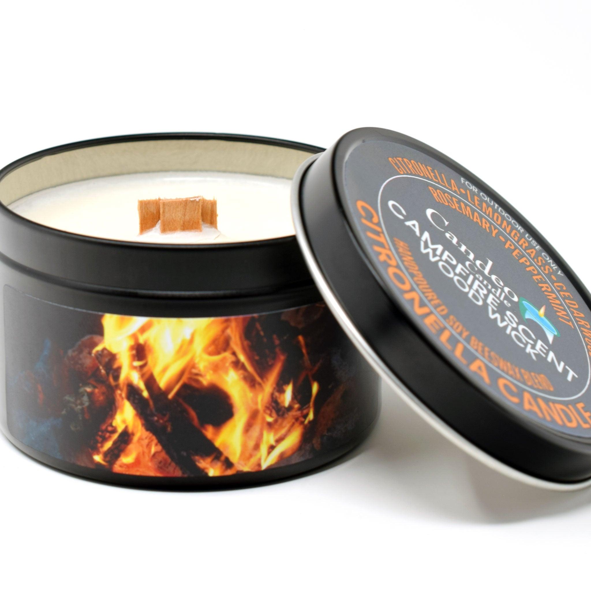 Citronella Campfire Candle, Soy/Beeswax Blend, Wood Wick, 6oz Black Tin - Candeo Candle