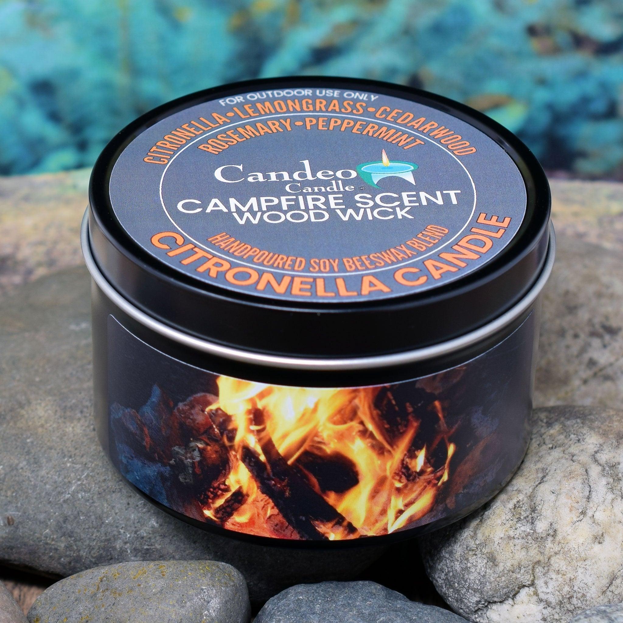 Citronella Campfire Candle, Soy/Beeswax Blend, Wood Wick, 6oz Black Tin - Candeo Candle