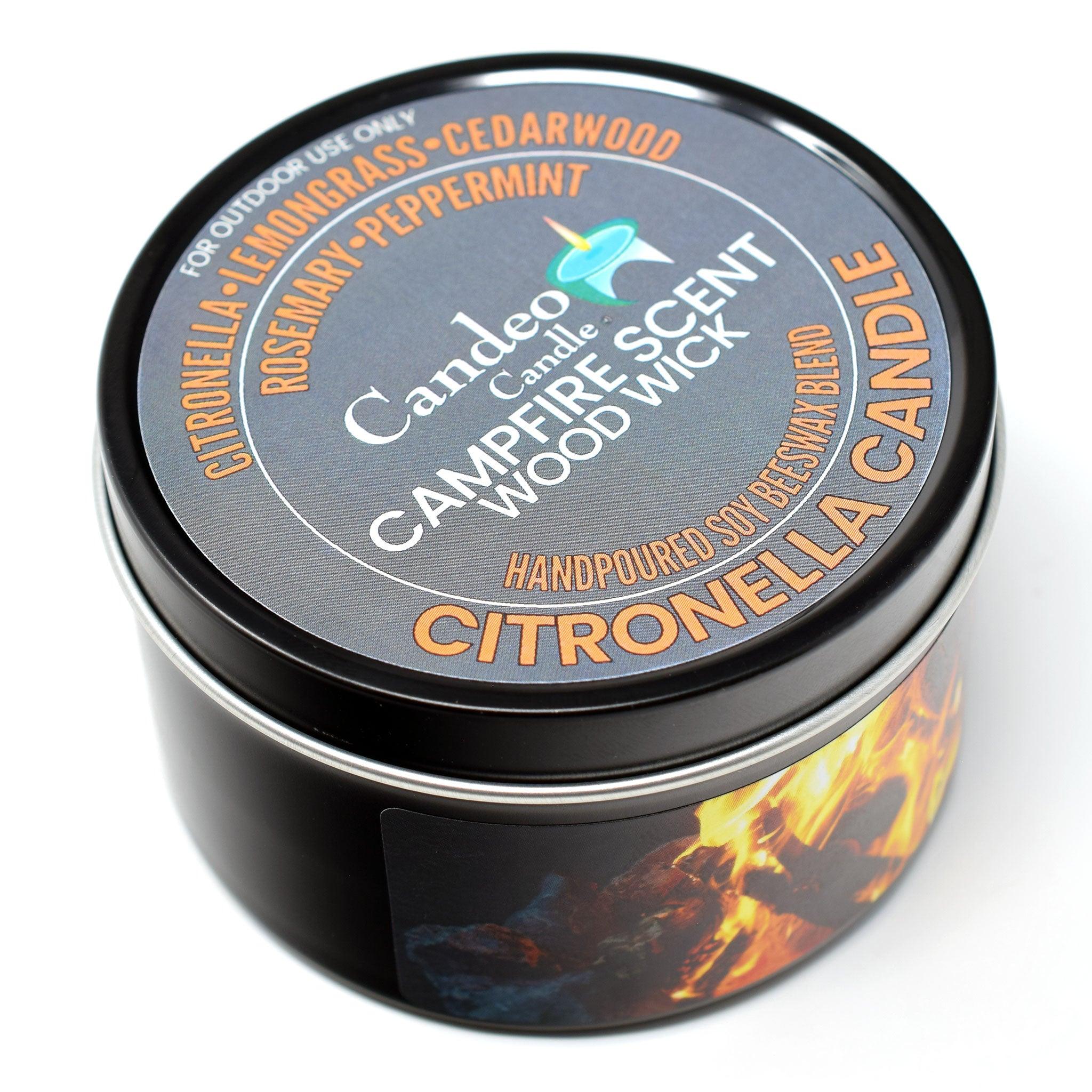 Citronella Campfire Candle, Soy/Beeswax Blend, Wood Wick, 6oz Black Tin - Candeo Candle