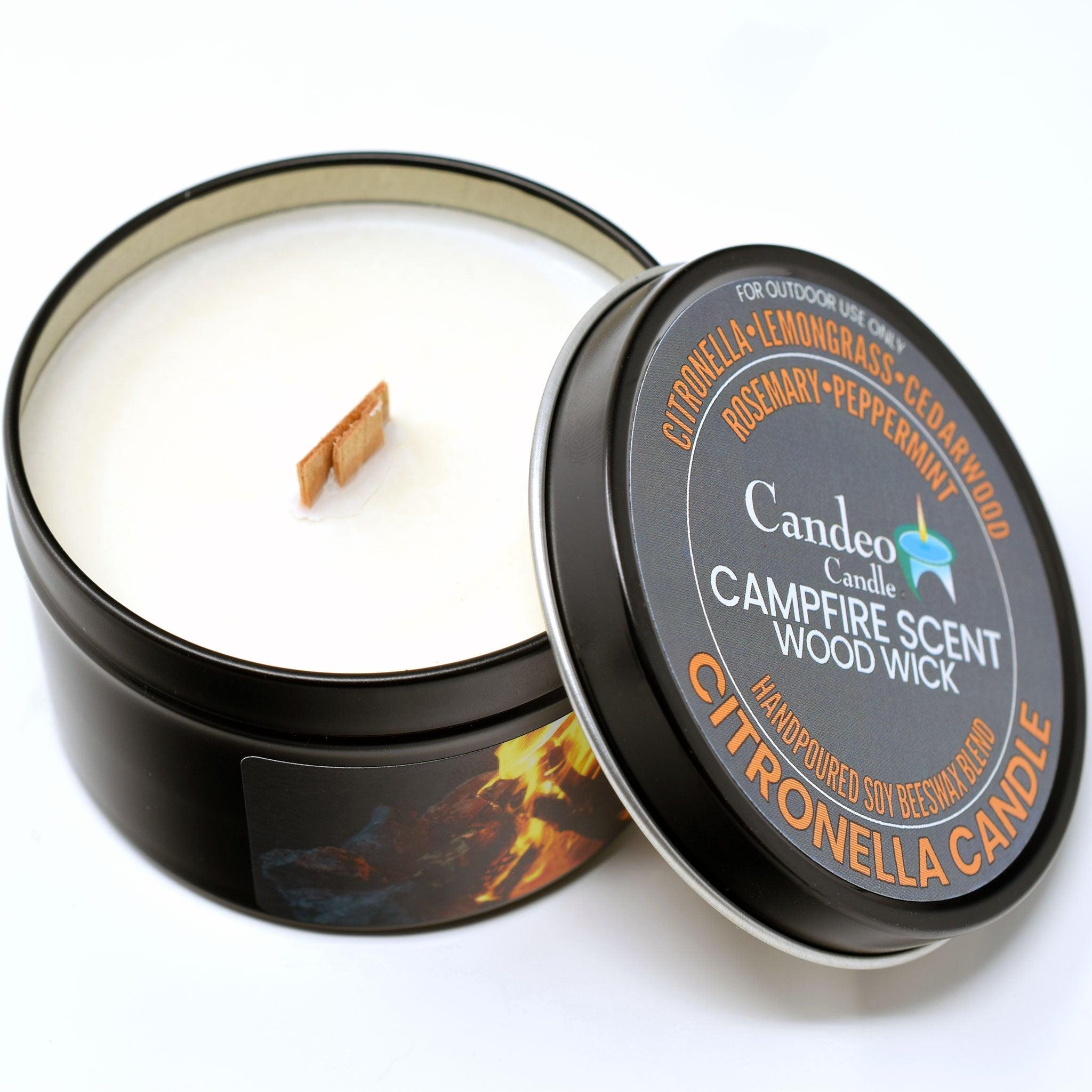 Citronella Campfire Candle, Soy/Beeswax Blend, Wood Wick, 6oz Black Tin - Candeo Candle