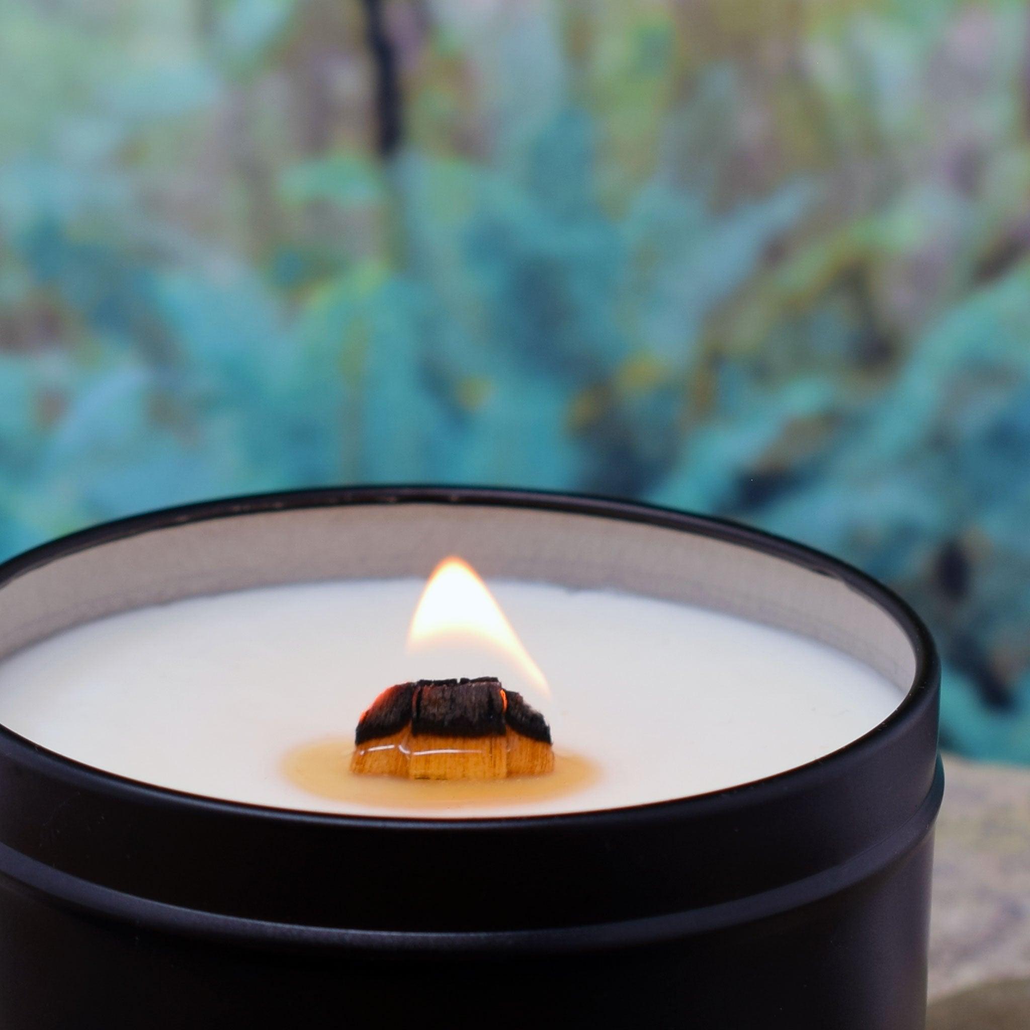 Citronella Campfire Candle, Soy/Beeswax Blend, Wood Wick, 6oz Black Tin - Candeo Candle