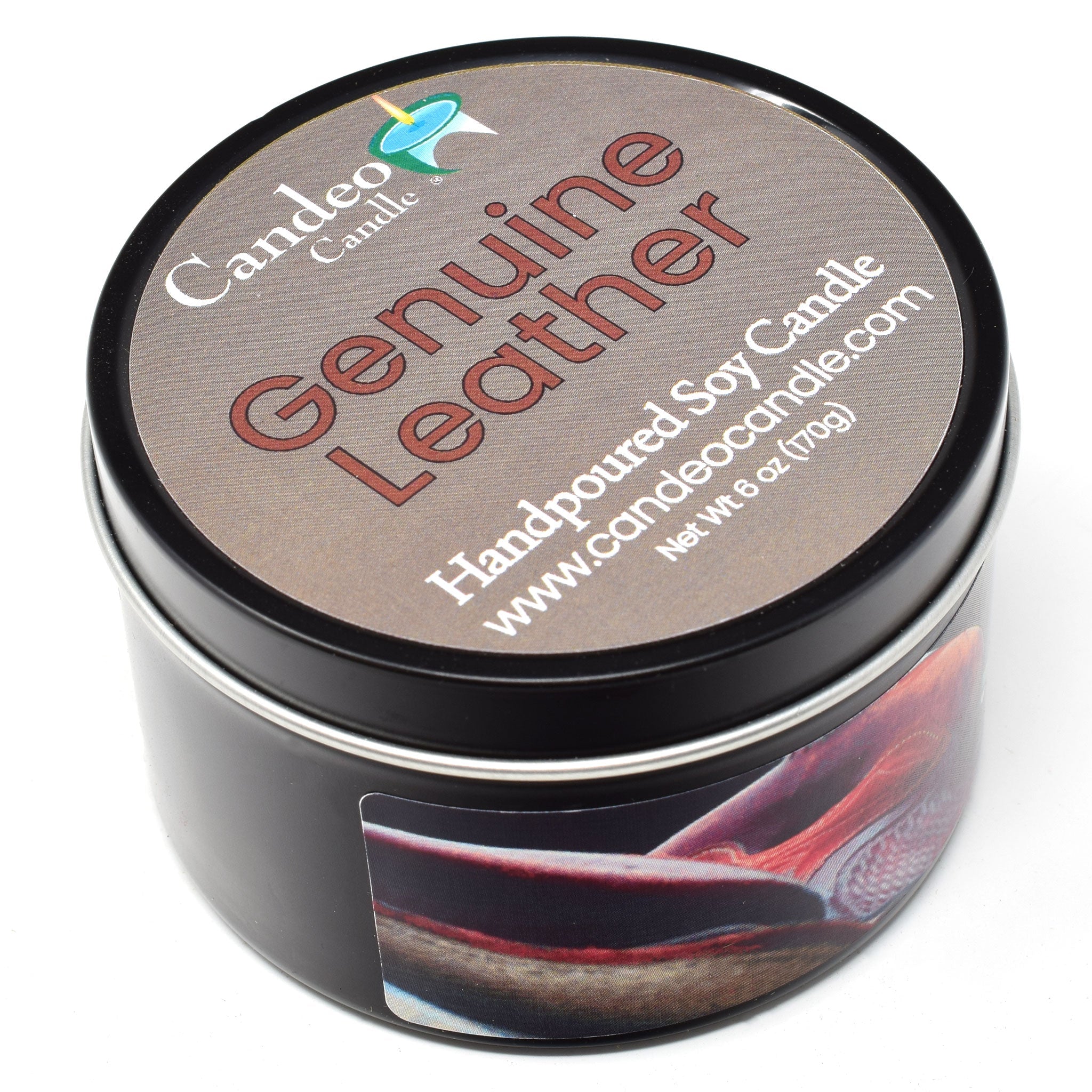 Genuine Leather, 6oz Soy Candle Tin - Candeo Candle