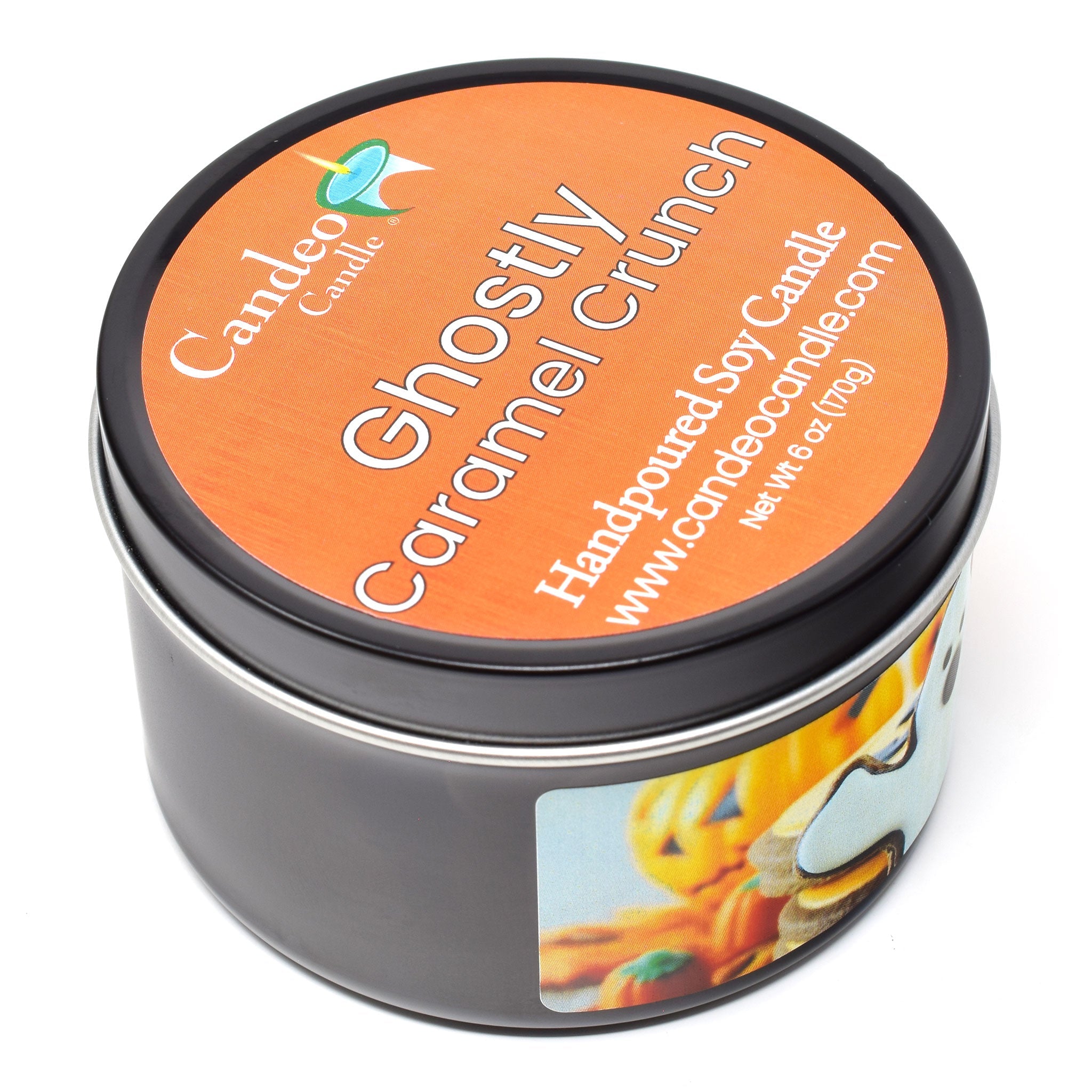 Ghostly Caramel Crunch, 6oz Soy Candle Tin - Candeo Candle