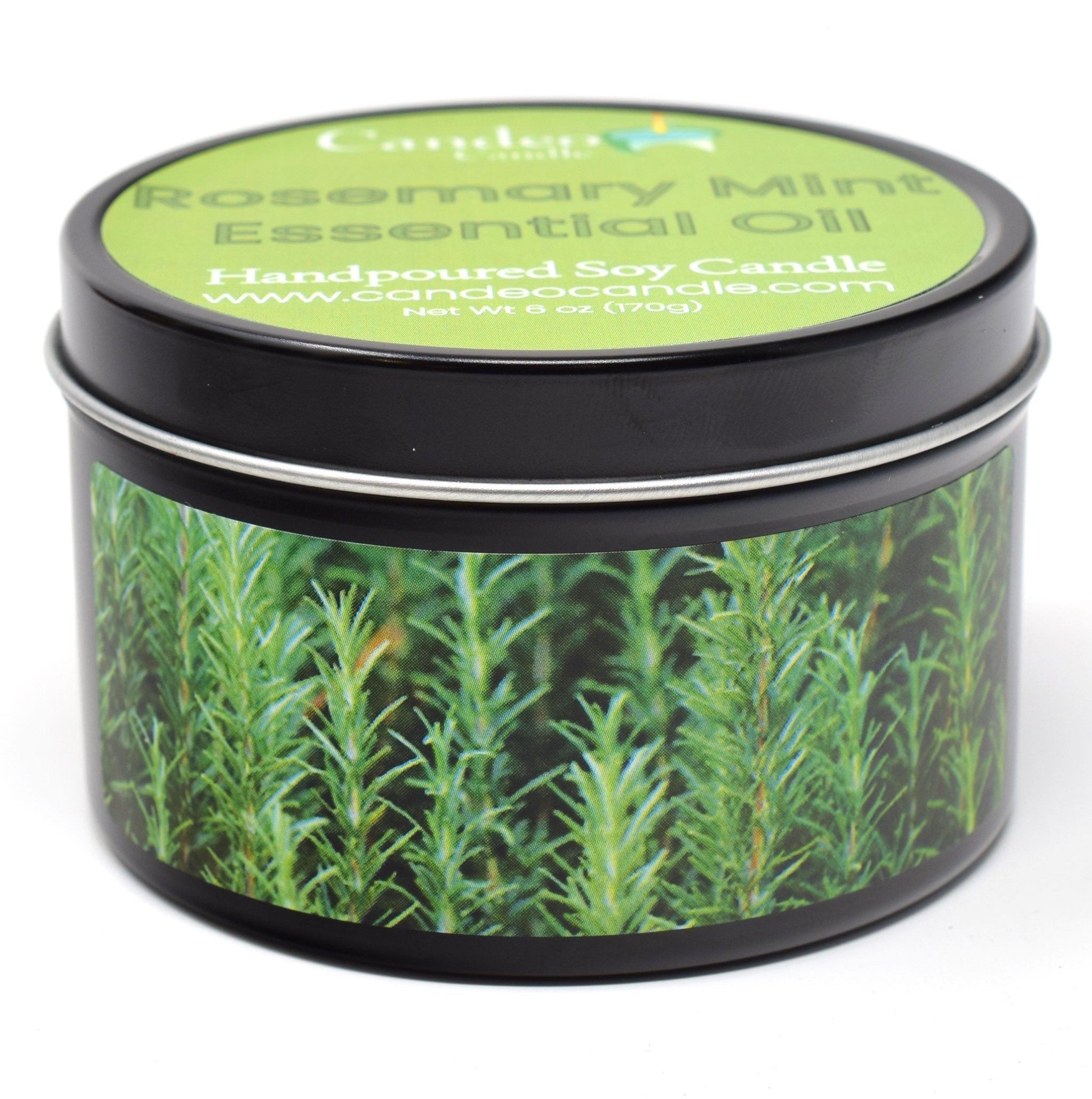 Rosemary Mint Essential Oil, 6oz Soy Candle Tin - Candeo Candle