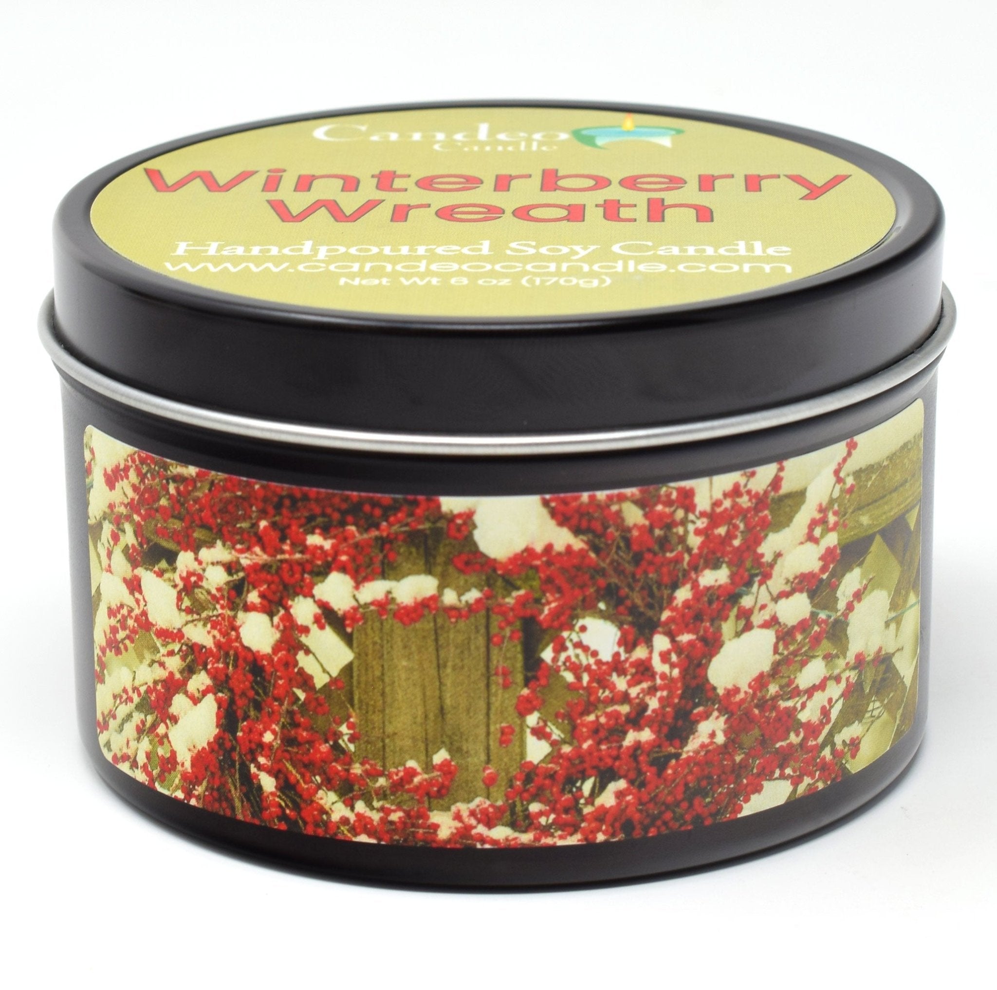 Winterberry Wreath, 6oz Soy Candle Tin - Candeo Candle