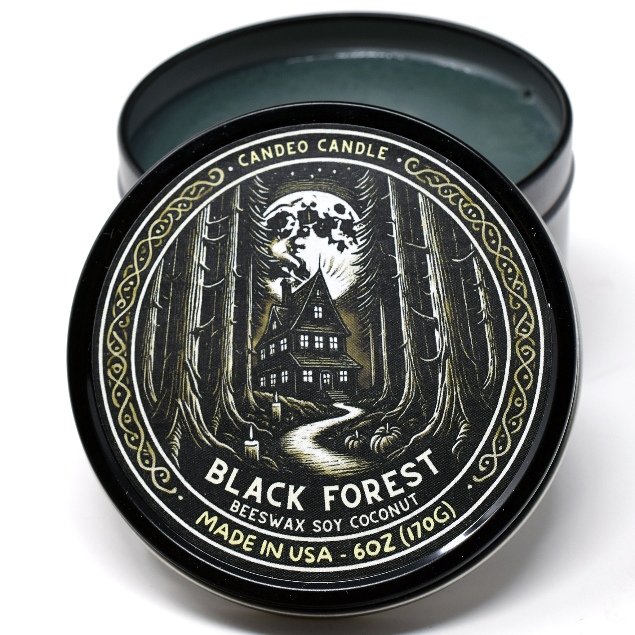 Black Forest, 6oz Soy Candle Tin, Made with Soy Beeswax and Coconut, Halloween