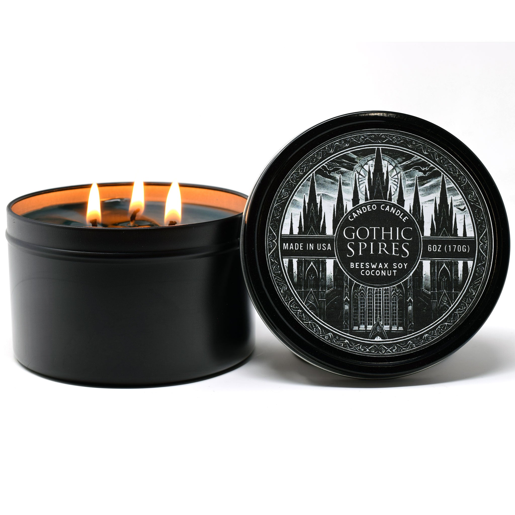 Gothic Spires, 12oz Triple Wick Soy Candle Tin, Made with Soy Beeswax and Coconut, Halloween