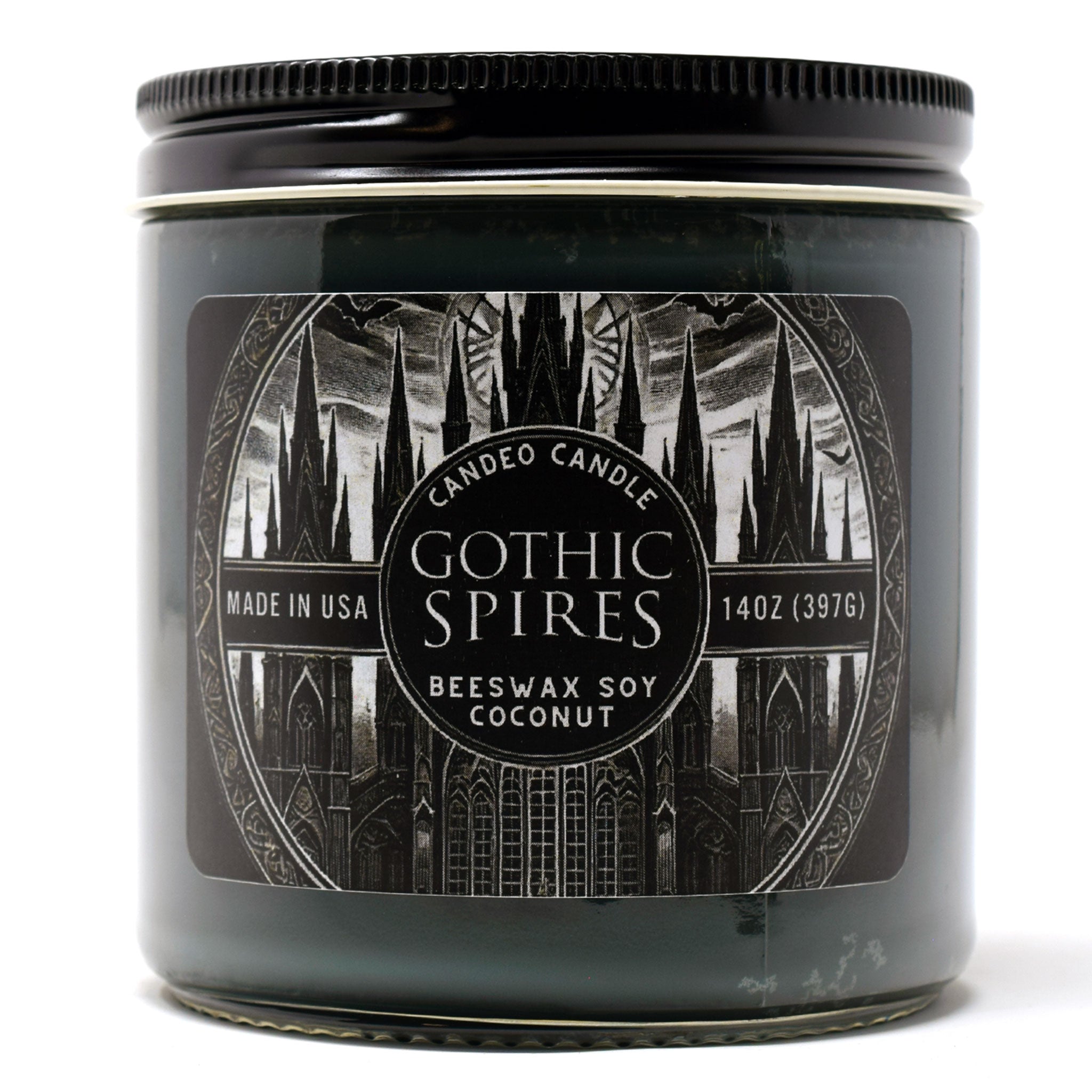 Gothic Spires, 14oz Soy Candle Jar, Made with Soy Beeswax and Coconut, Halloween