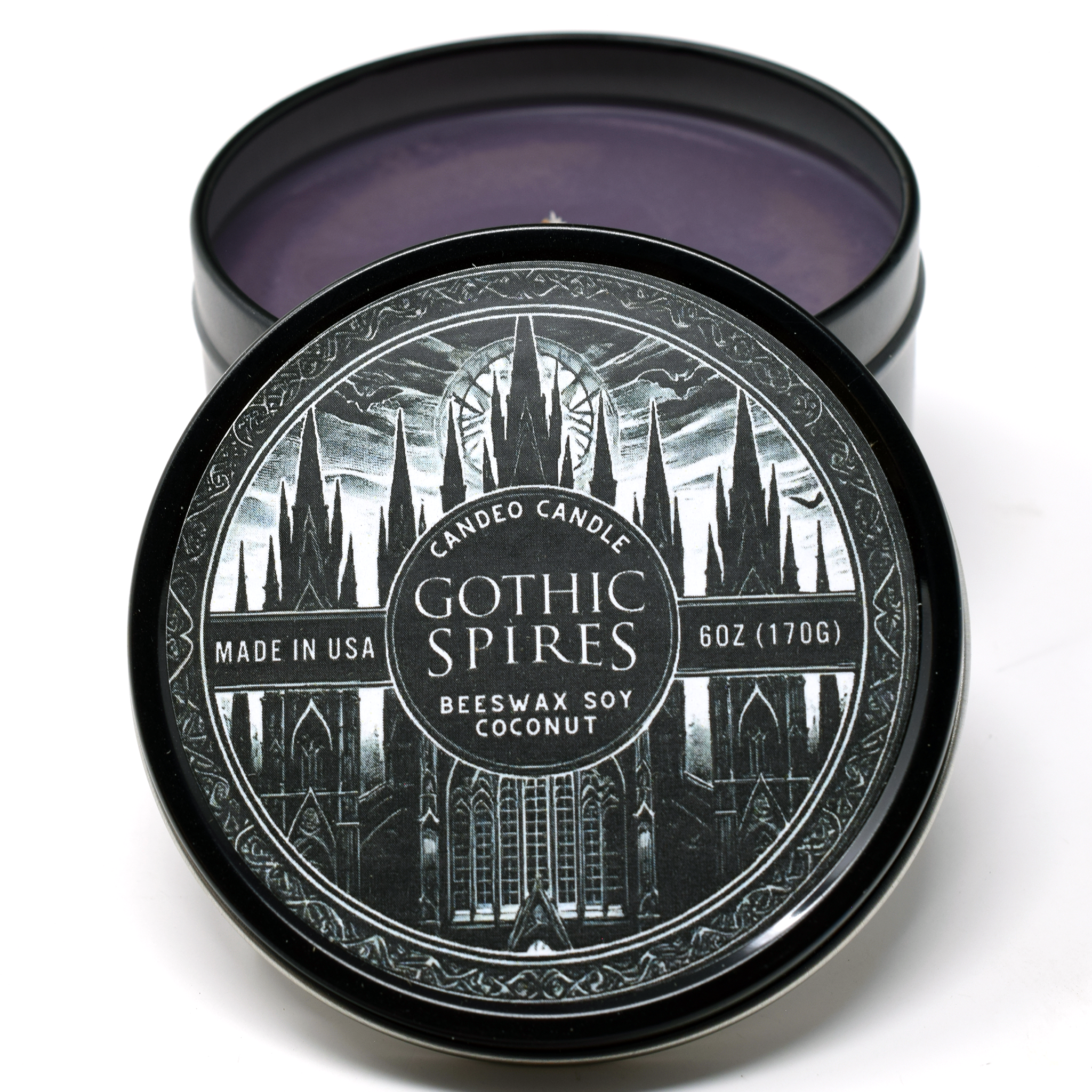 Gothic Spires, 6oz Soy Candle Tin, Made with Soy Beeswax and Coconut, Halloween