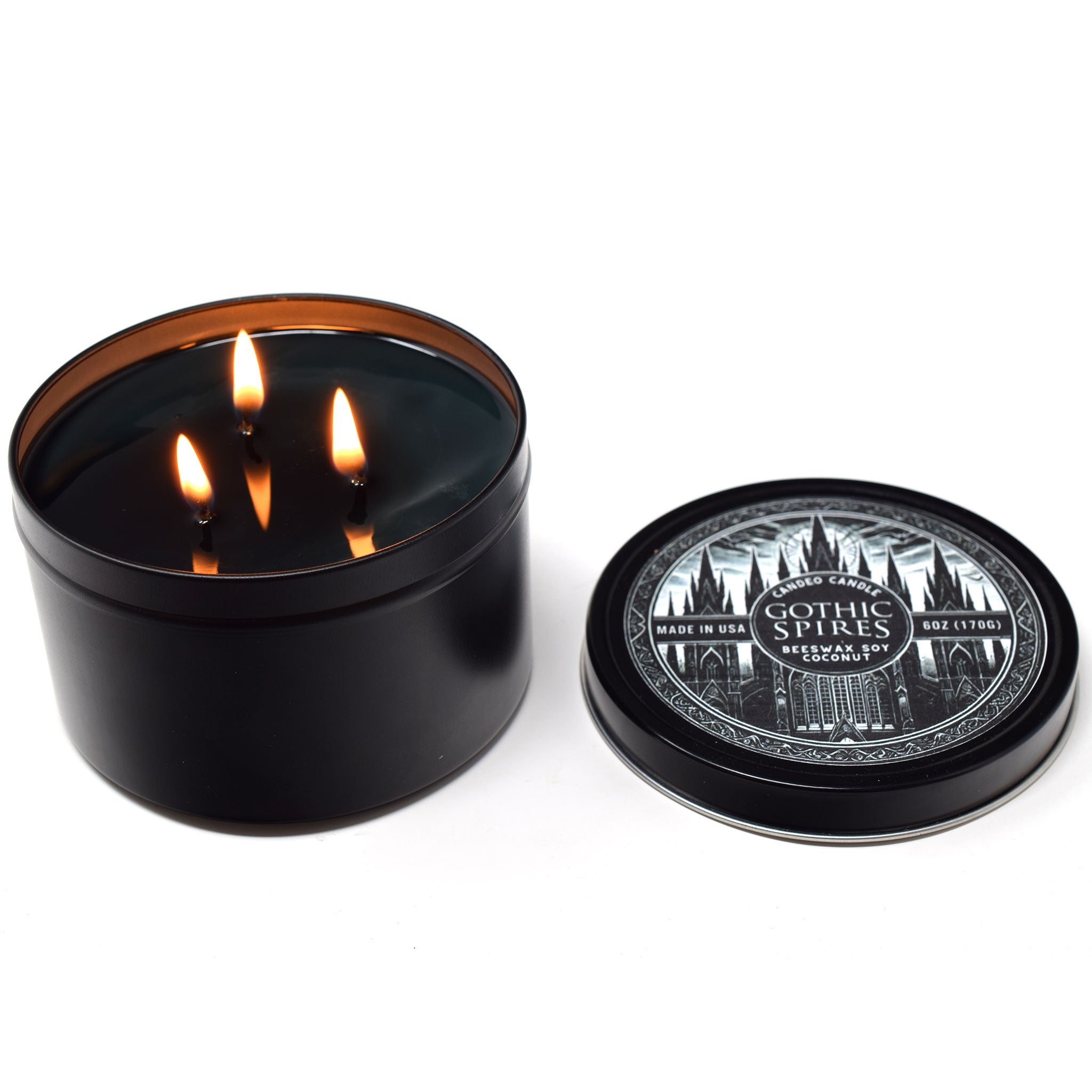 Gothic Spires, 12oz Triple Wick Soy Candle Tin, Made with Soy Beeswax and Coconut, Halloween