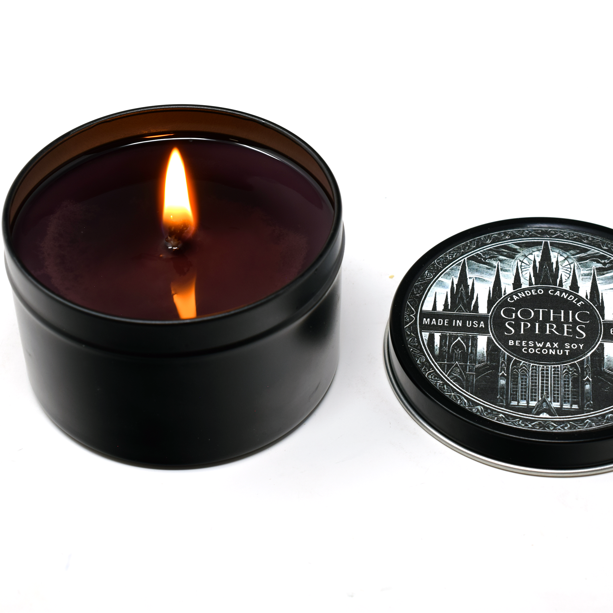 Gothic Spires, 6oz Soy Candle Tin, Made with Soy Beeswax and Coconut, Halloween