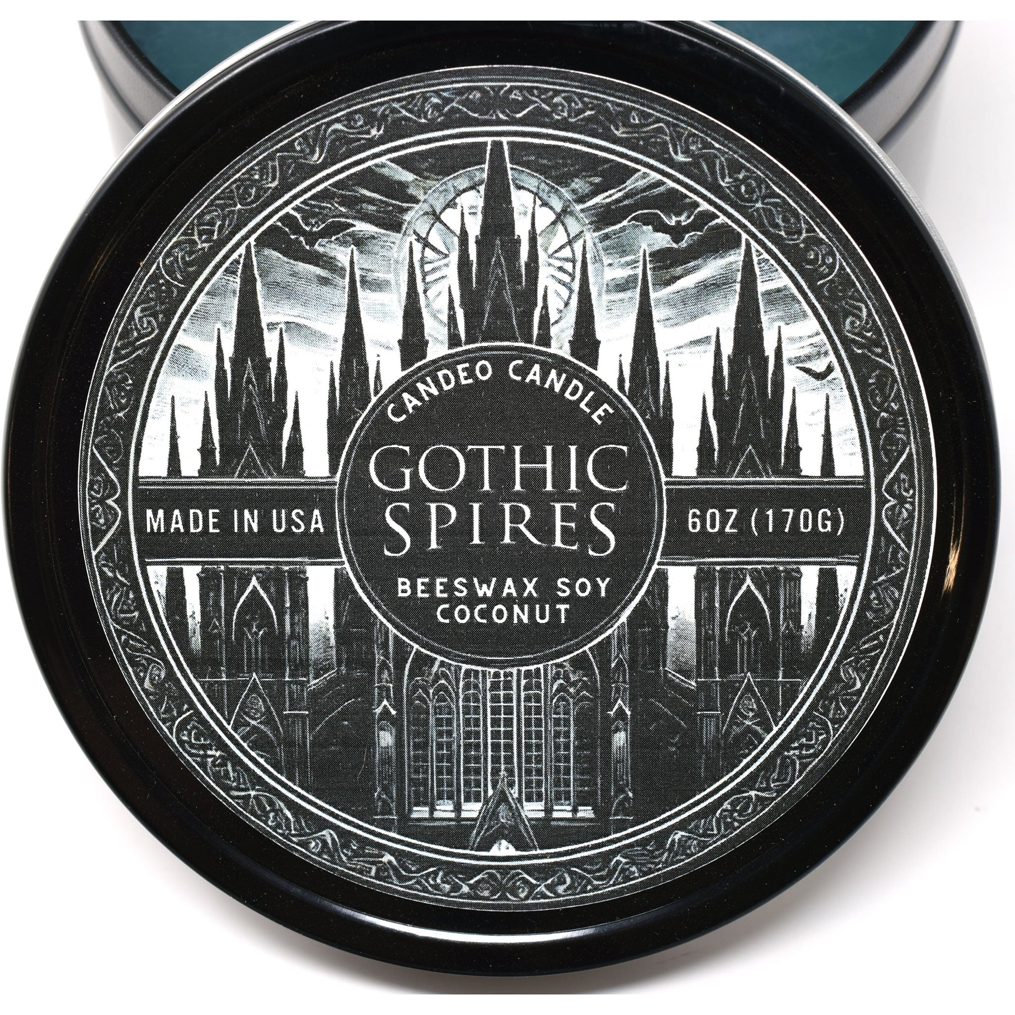 Gothic Spires, 12oz Triple Wick Soy Candle Tin, Made with Soy Beeswax and Coconut, Halloween