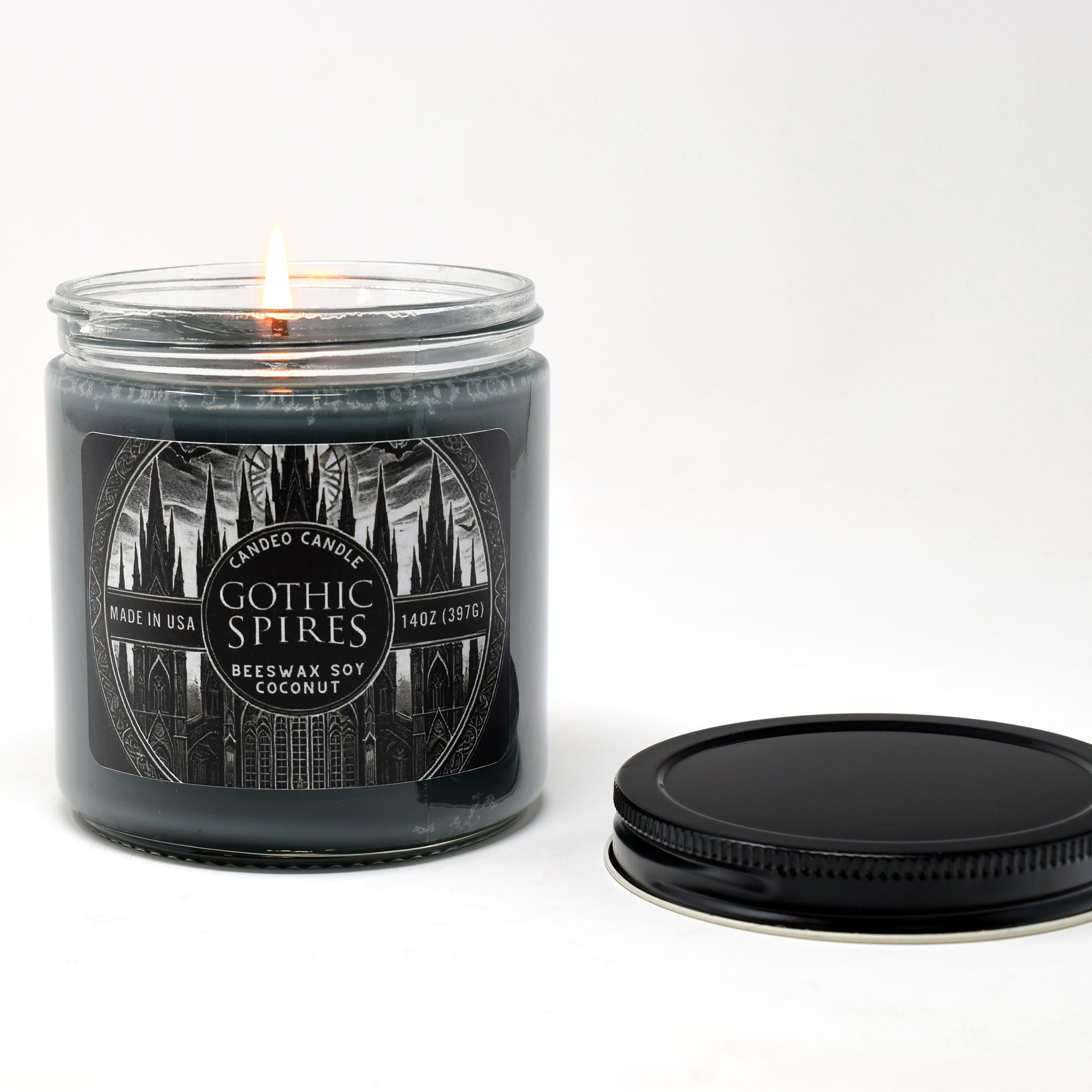 Gothic Spires, 14oz Soy Candle Jar, Made with Soy Beeswax and Coconut, Halloween
