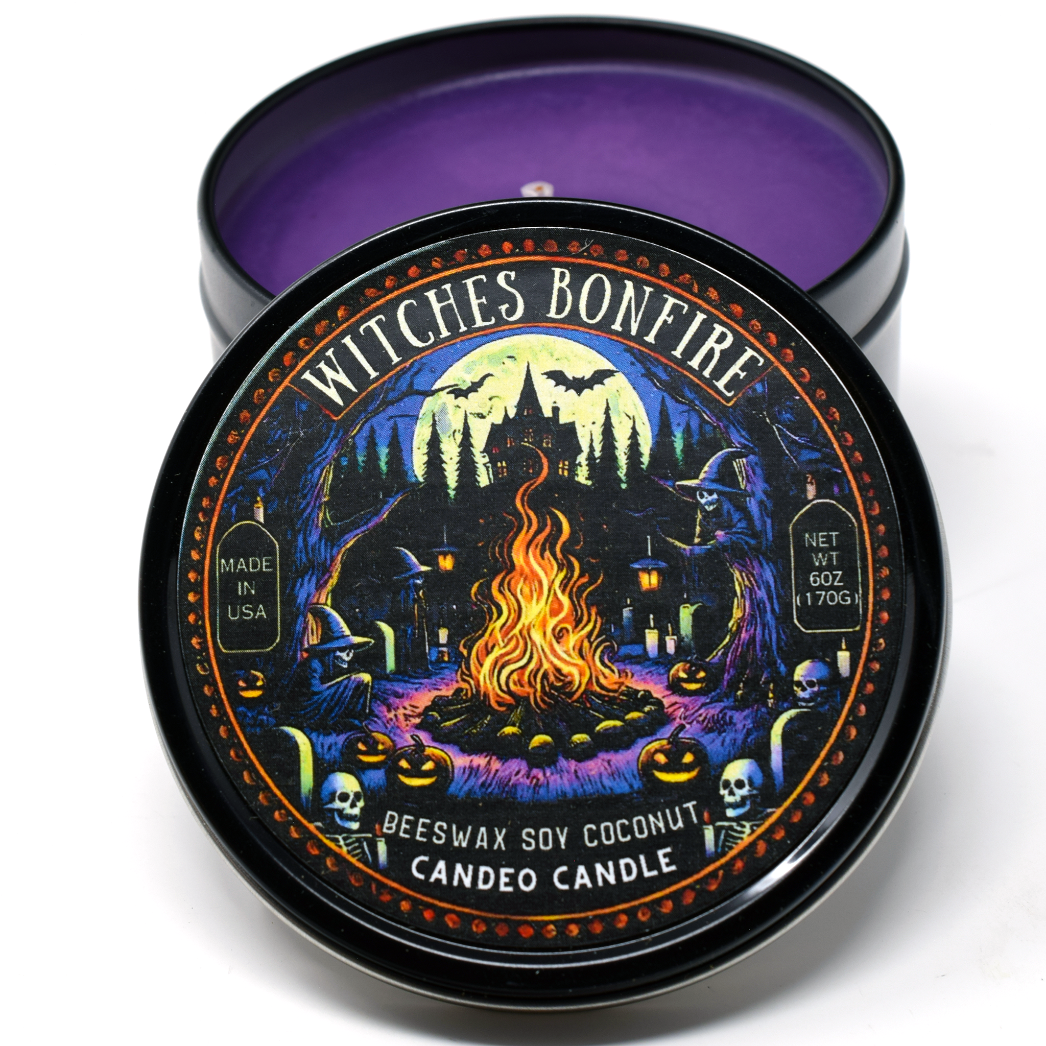 Witches Bonfire, 6oz Soy Candle Tin, Made with Soy Beeswax and Coconut, Halloween