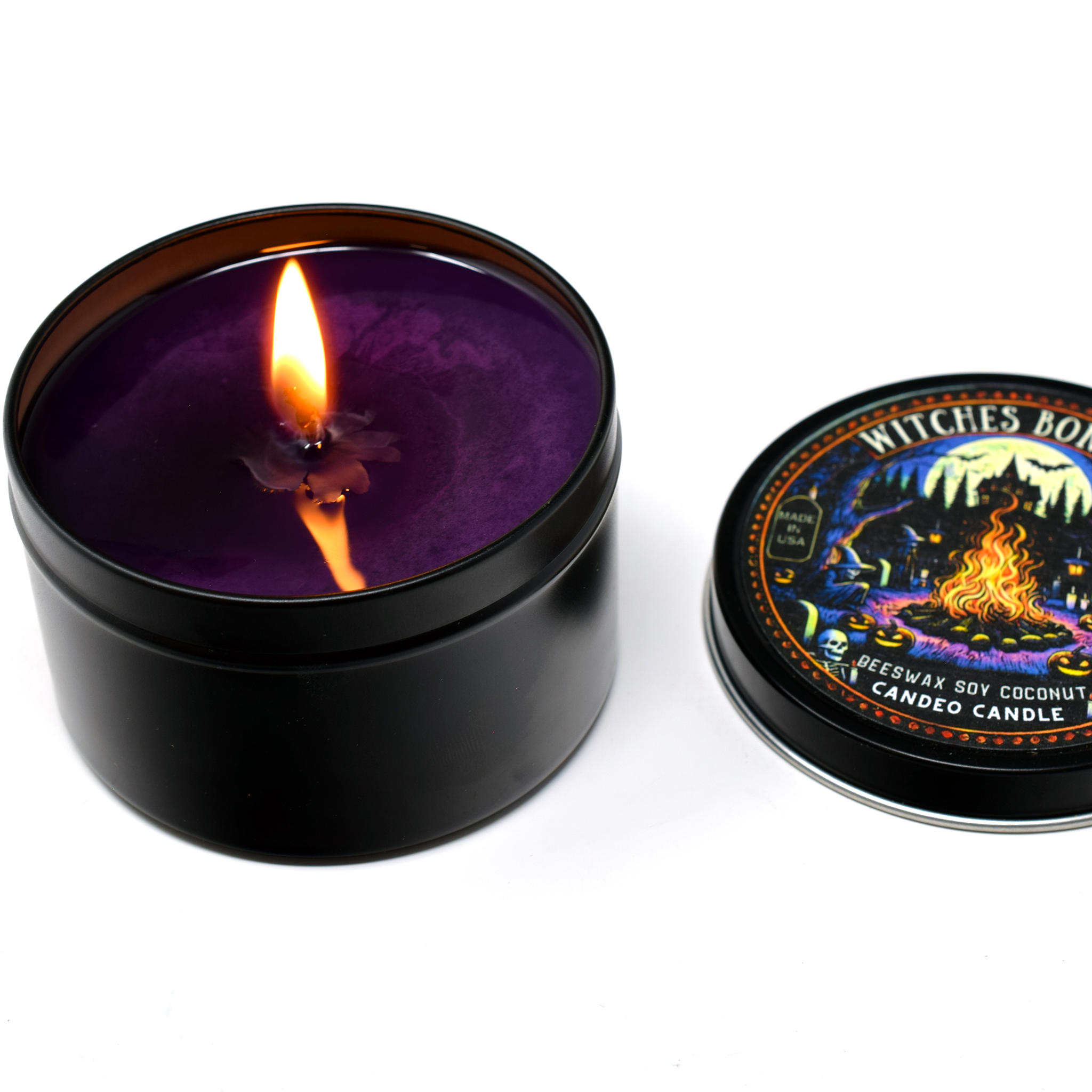 Witches Bonfire, 6oz Soy Candle Tin, Made with Soy Beeswax and Coconut, Halloween