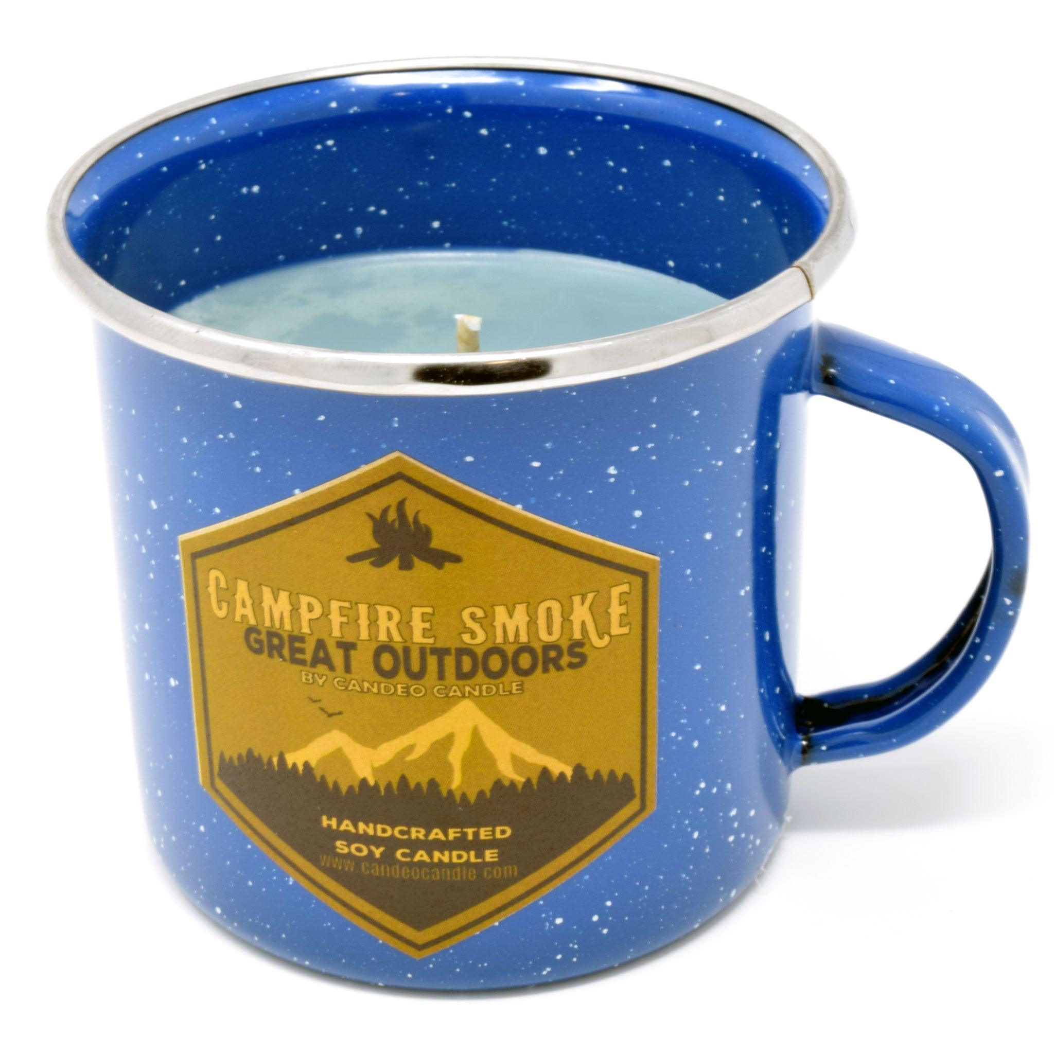 Campfire Smoke, Soy Candle in Enamel Camping Mug, 10oz - Candeo Candle