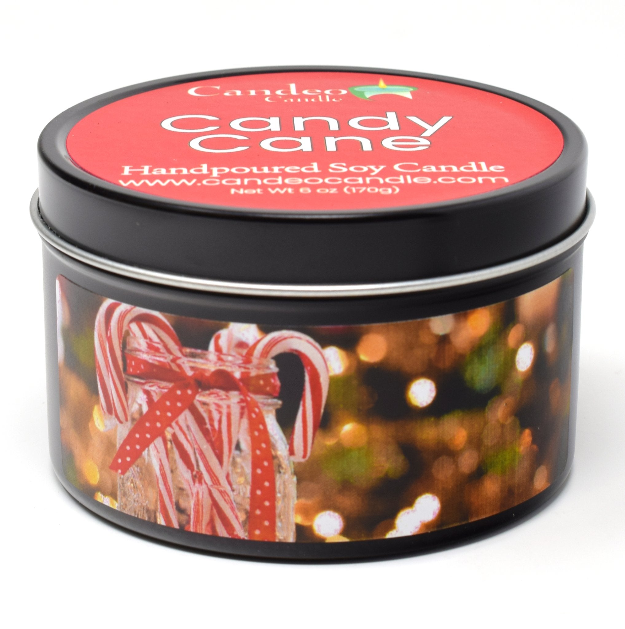 Candy Cane, 6oz Soy Candle Tin - Candeo Candle