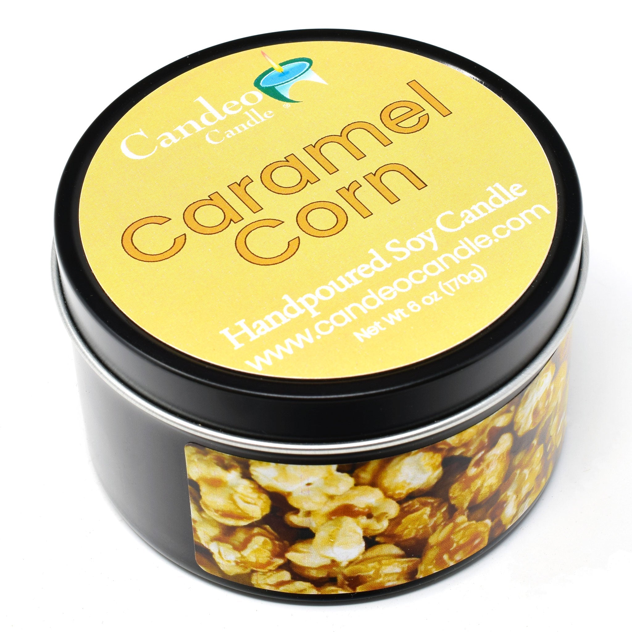 Caramel Corn, 6oz Soy Candle Tin - Candeo Candle