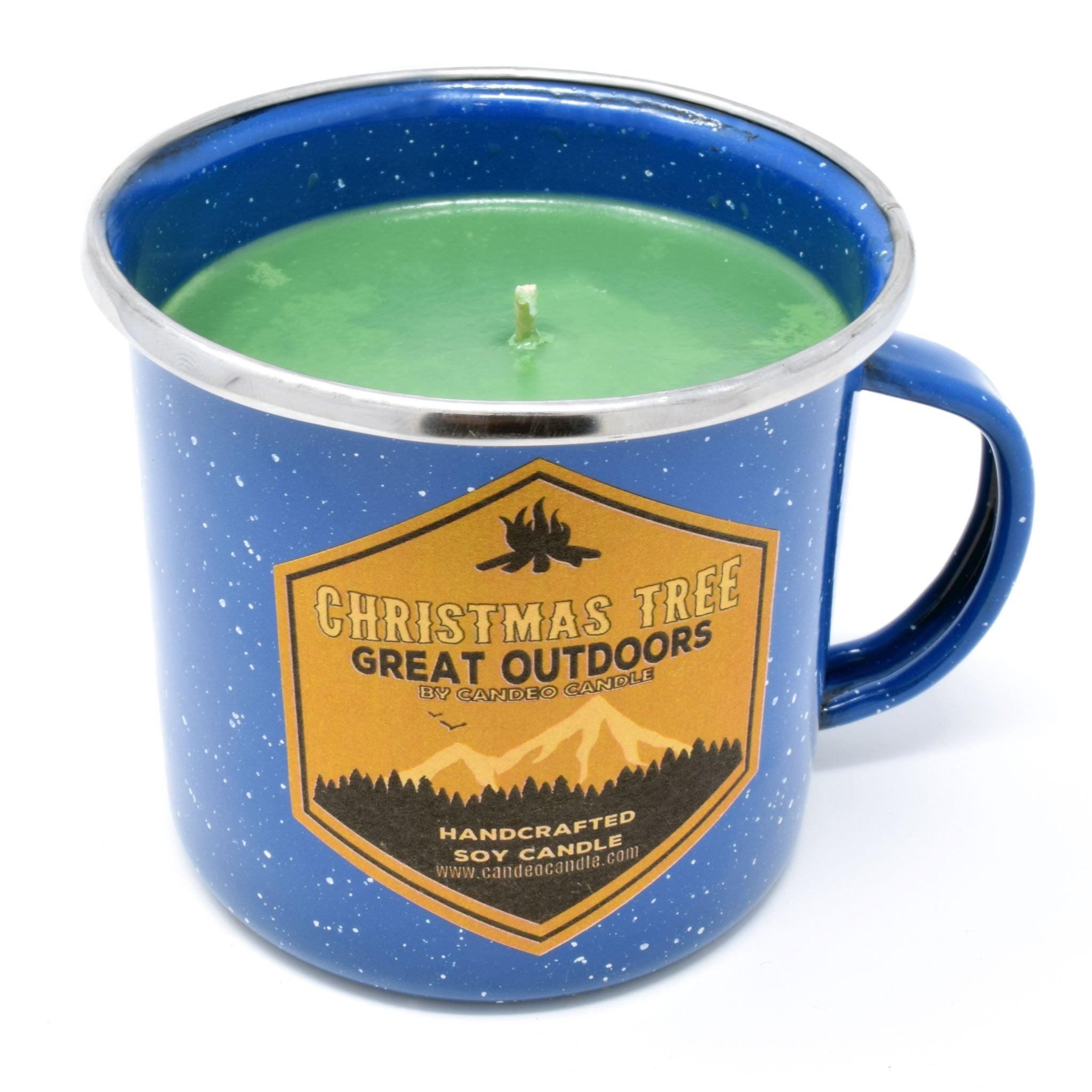 Christmas Tree, Soy Candle in Enamel Camping Mug, 10oz - Candeo Candle