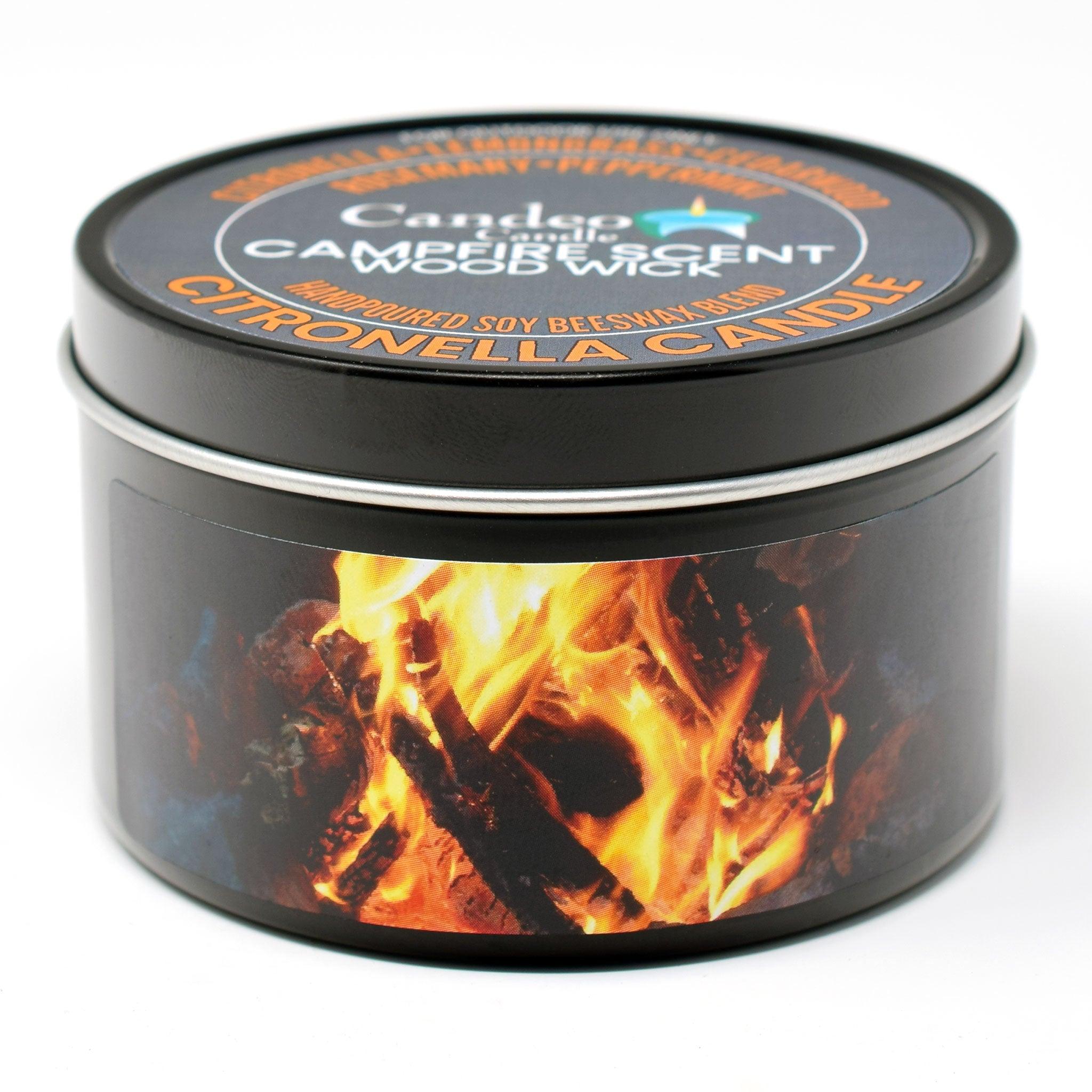 Citronella Campfire Candle, Soy/Beeswax Blend, Wood Wick, 6oz Black Tin - Candeo Candle