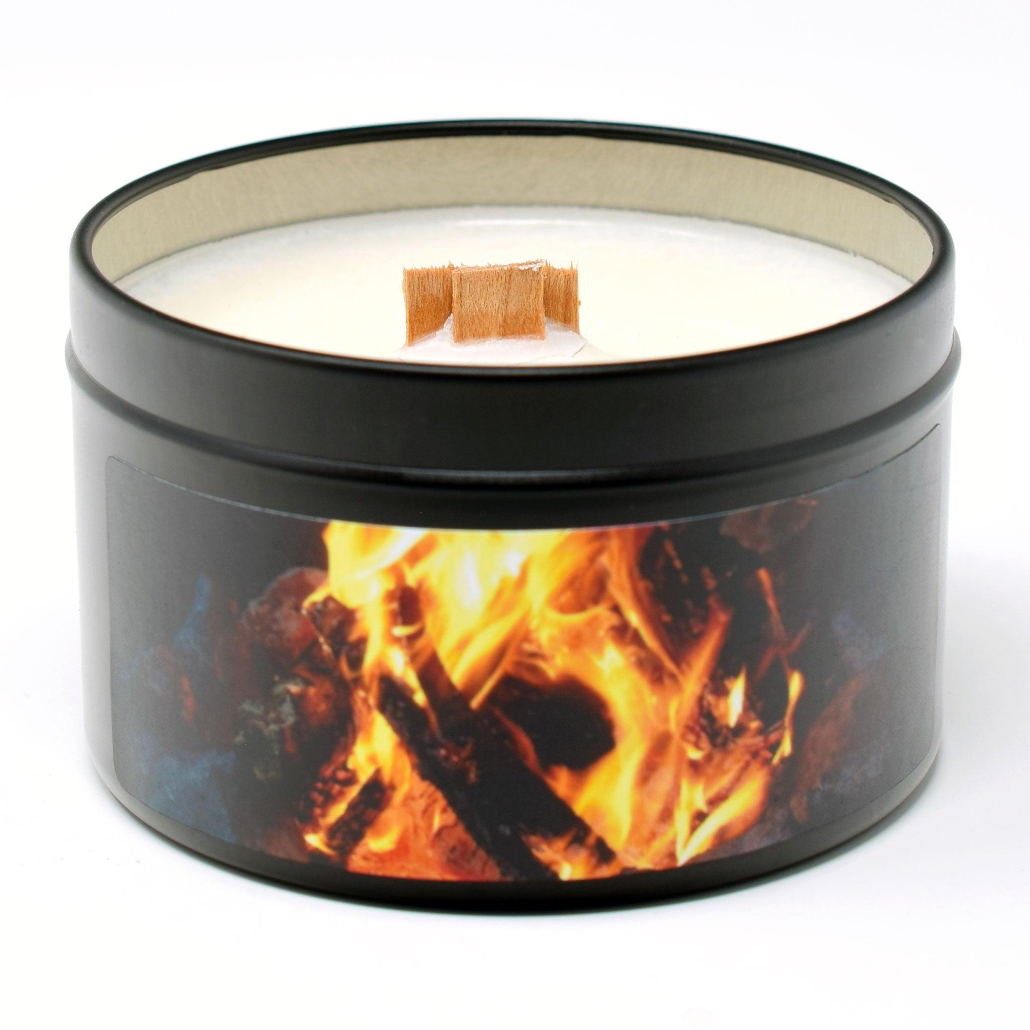 Citronella Campfire Candle, Soy/Beeswax Blend, Wood Wick, 6oz Black Tin - Candeo Candle