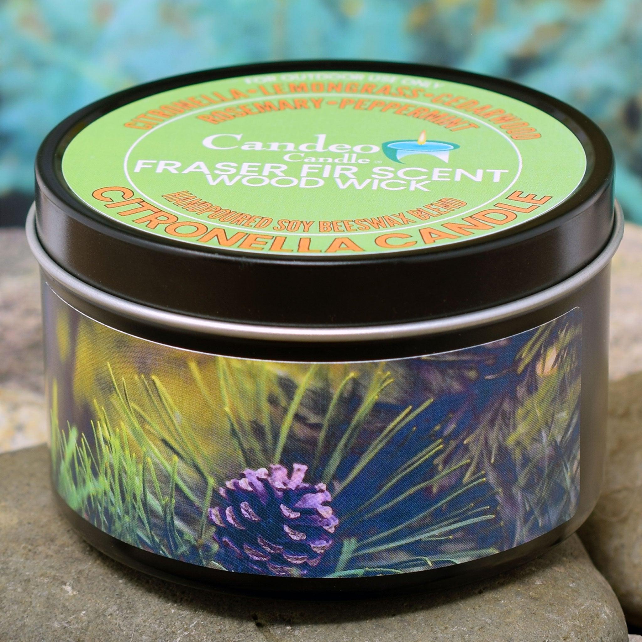 Citronella Fraser Fir Candle, Soy/Beeswax Blend, Wood Wick, 6oz Black Tin - Candeo Candle