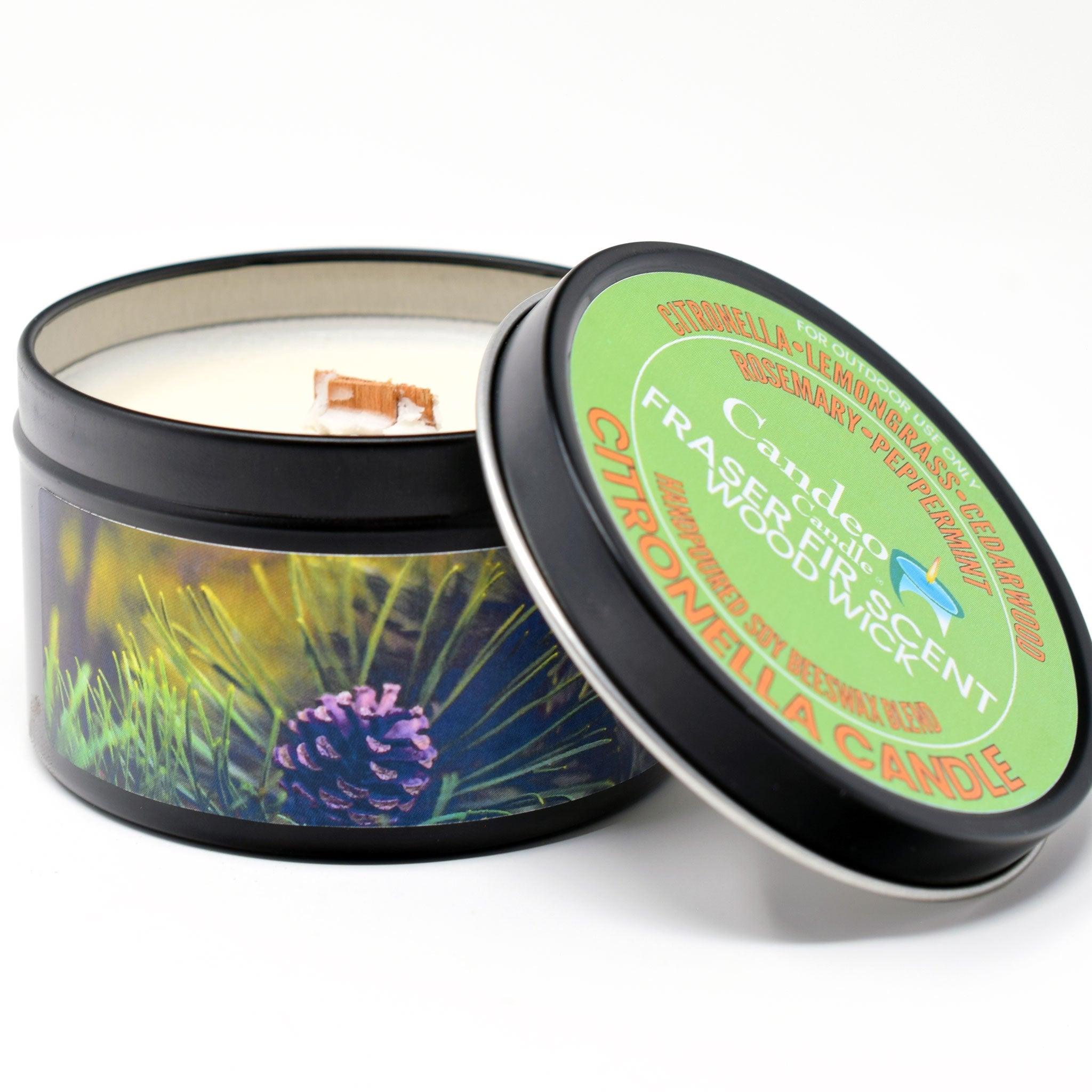 Citronella Fraser Fir Candle, Soy/Beeswax Blend, Wood Wick, 6oz Black Tin - Candeo Candle