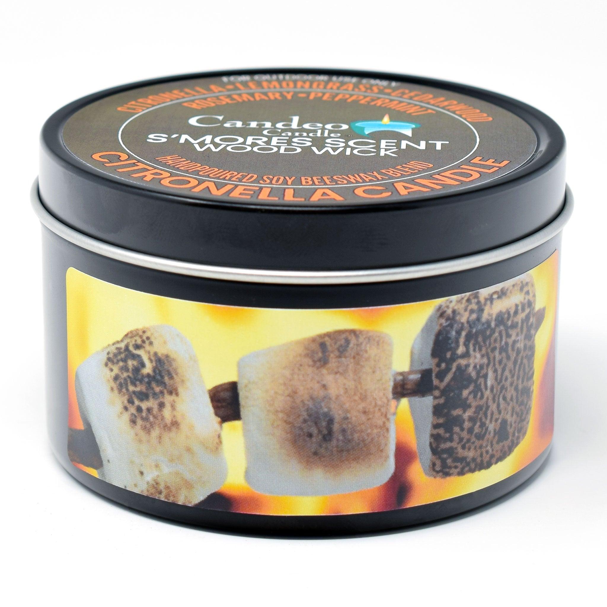 Citronella S'mores Candle, Soy/Beeswax Blend, Wood Wick, 6oz Black Tin - Candeo Candle