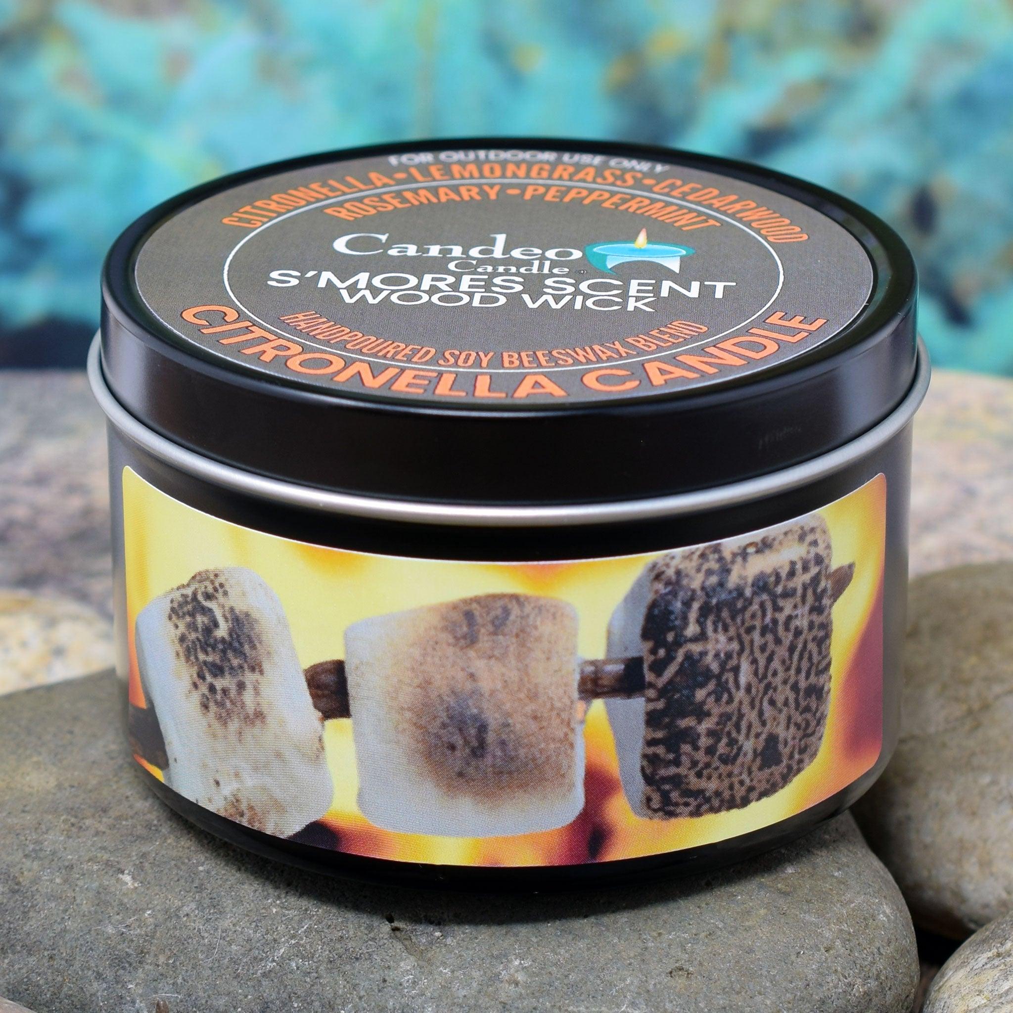 Citronella S'mores Candle, Soy/Beeswax Blend, Wood Wick, 6oz Black Tin - Candeo Candle