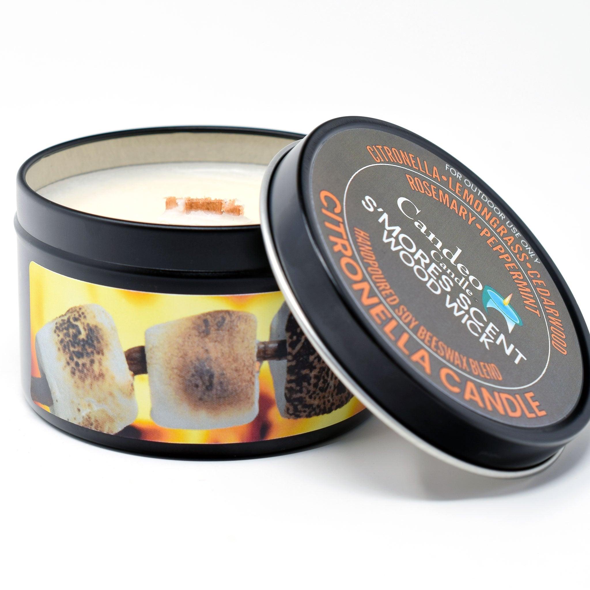 Citronella S'mores Candle, Soy/Beeswax Blend, Wood Wick, 6oz Black Tin - Candeo Candle