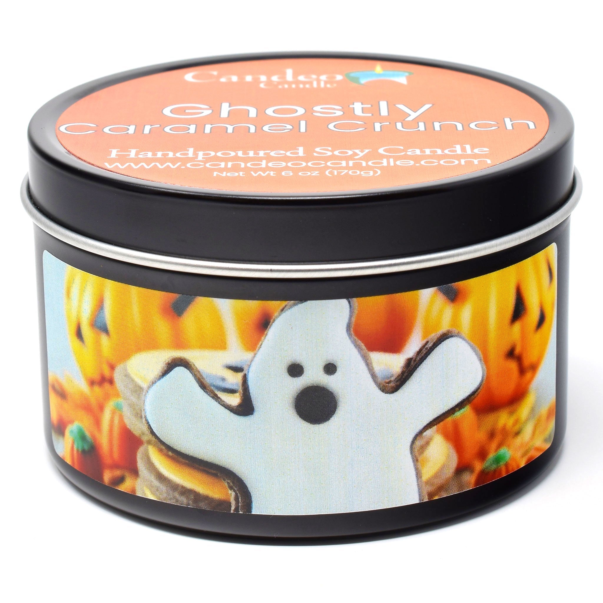 Ghostly Caramel Crunch, 6oz Soy Candle Tin - Candeo Candle