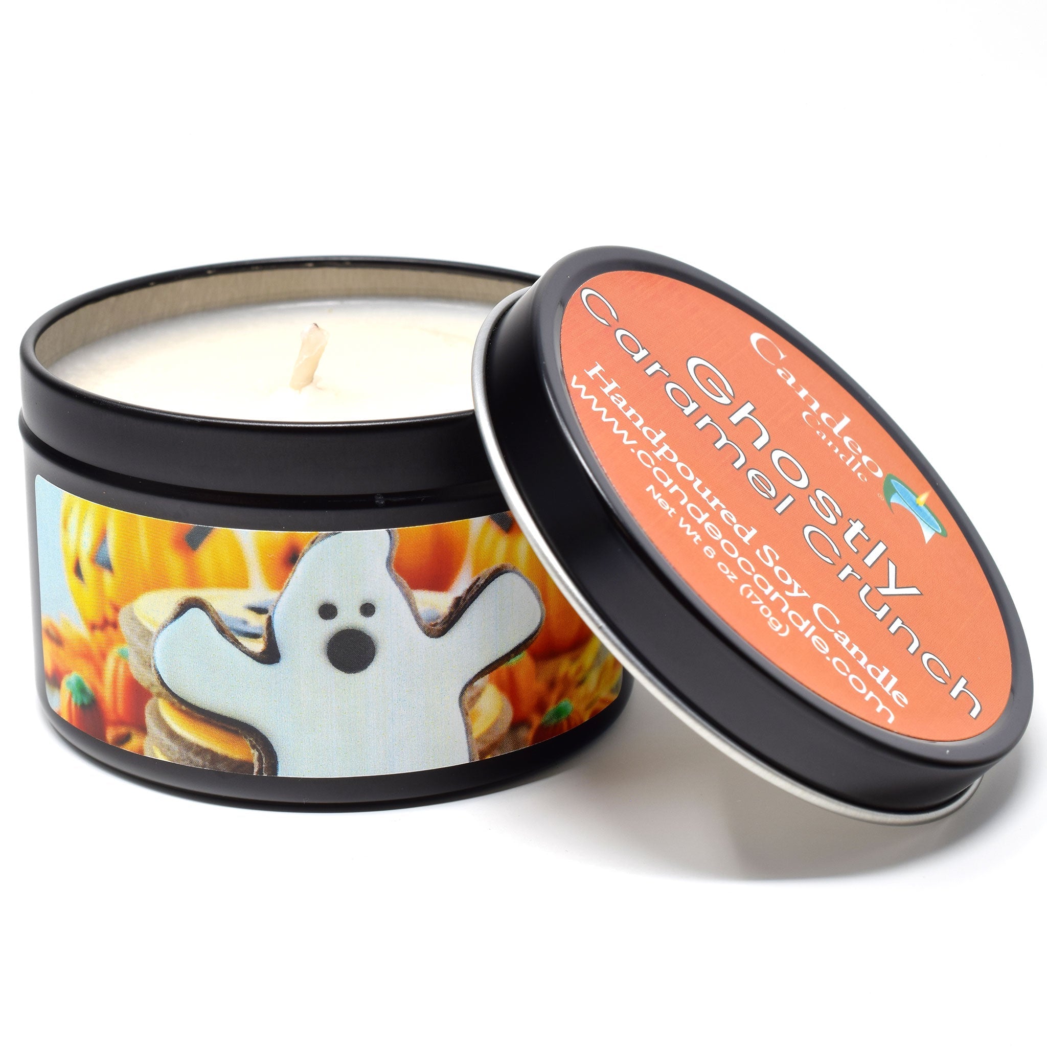 Ghostly Caramel Crunch, 6oz Soy Candle Tin - Candeo Candle