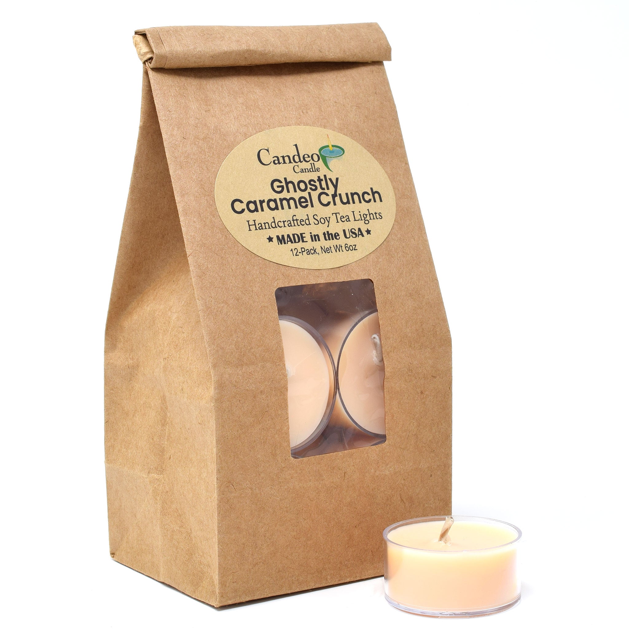 Ghostly Caramel Crunch, Soy Tea Light 12-Pack - Candeo Candle