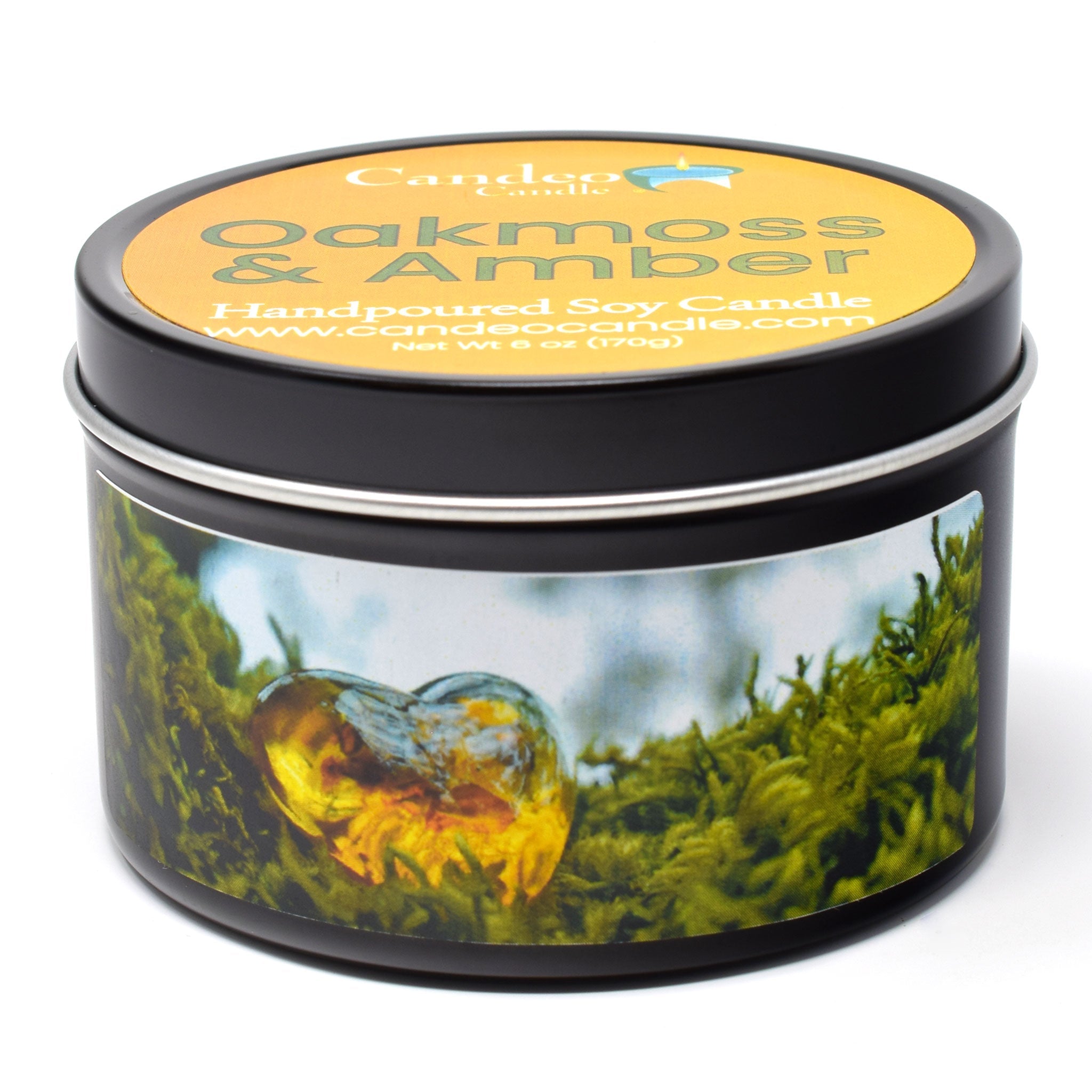 Oakmoss & Amber, 6oz Soy Candle Tin - Candeo Candle