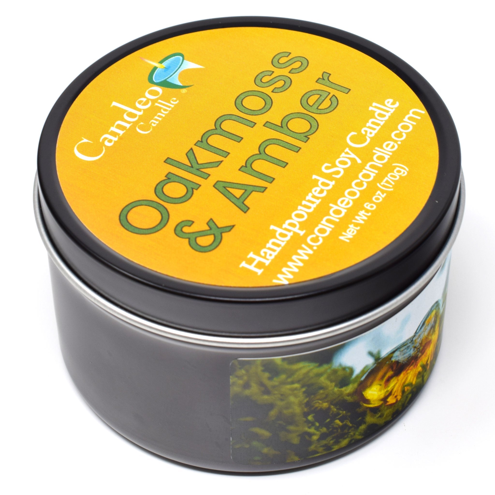 Oakmoss & Amber, 6oz Soy Candle Tin - Candeo Candle