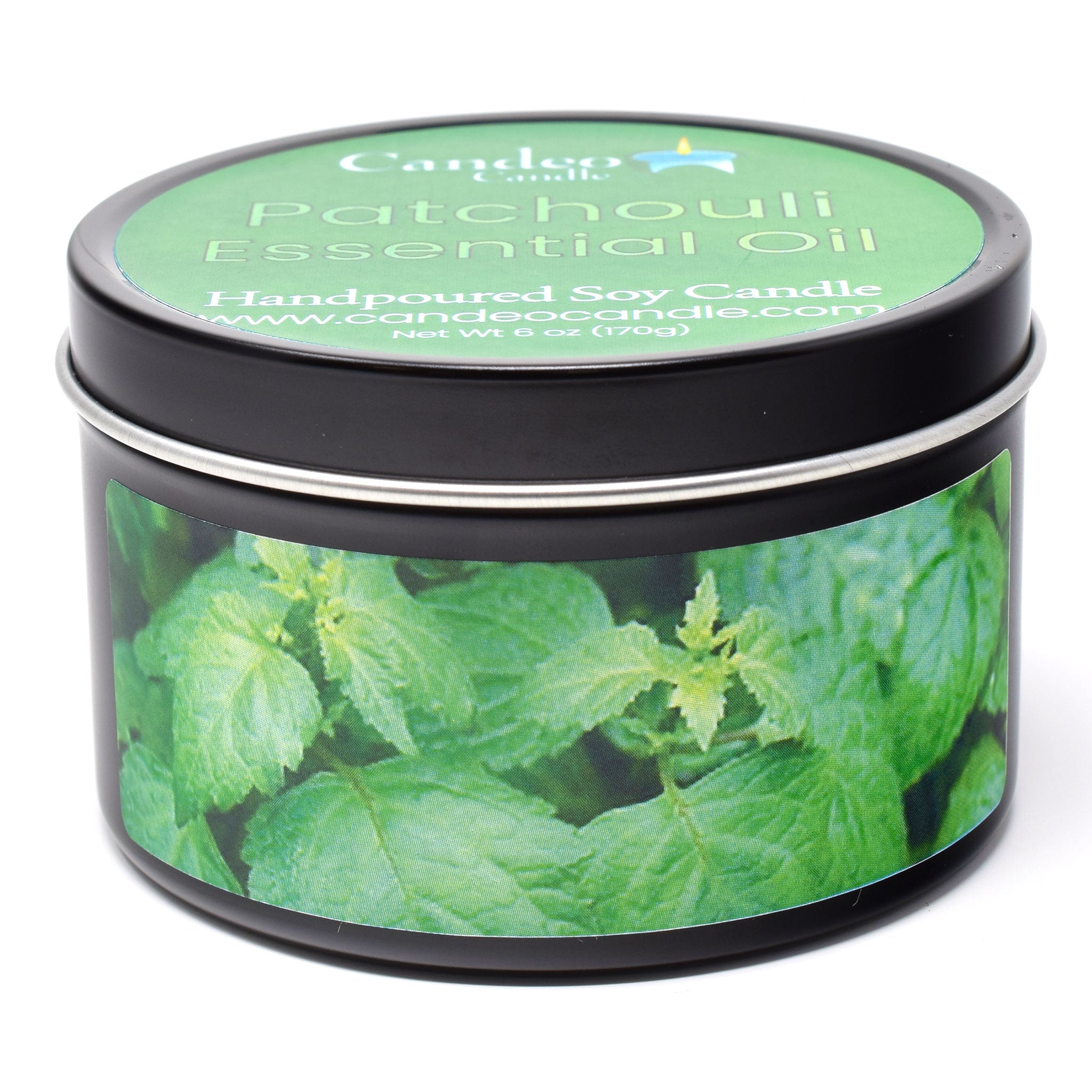 Patchouli Essential Oil, 6oz Soy Candle Tin - Candeo Candle