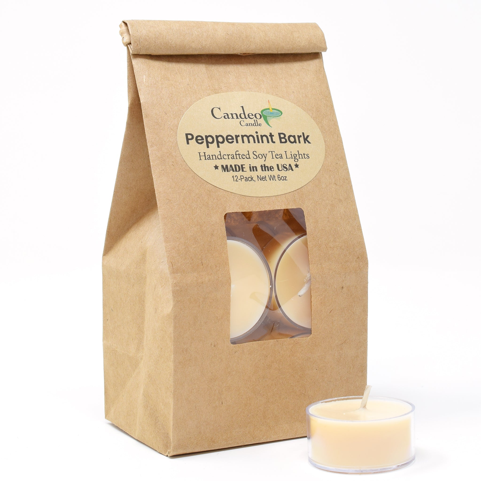Peppermint Bark, Soy Tea Light 12-Pack - Candeo Candle