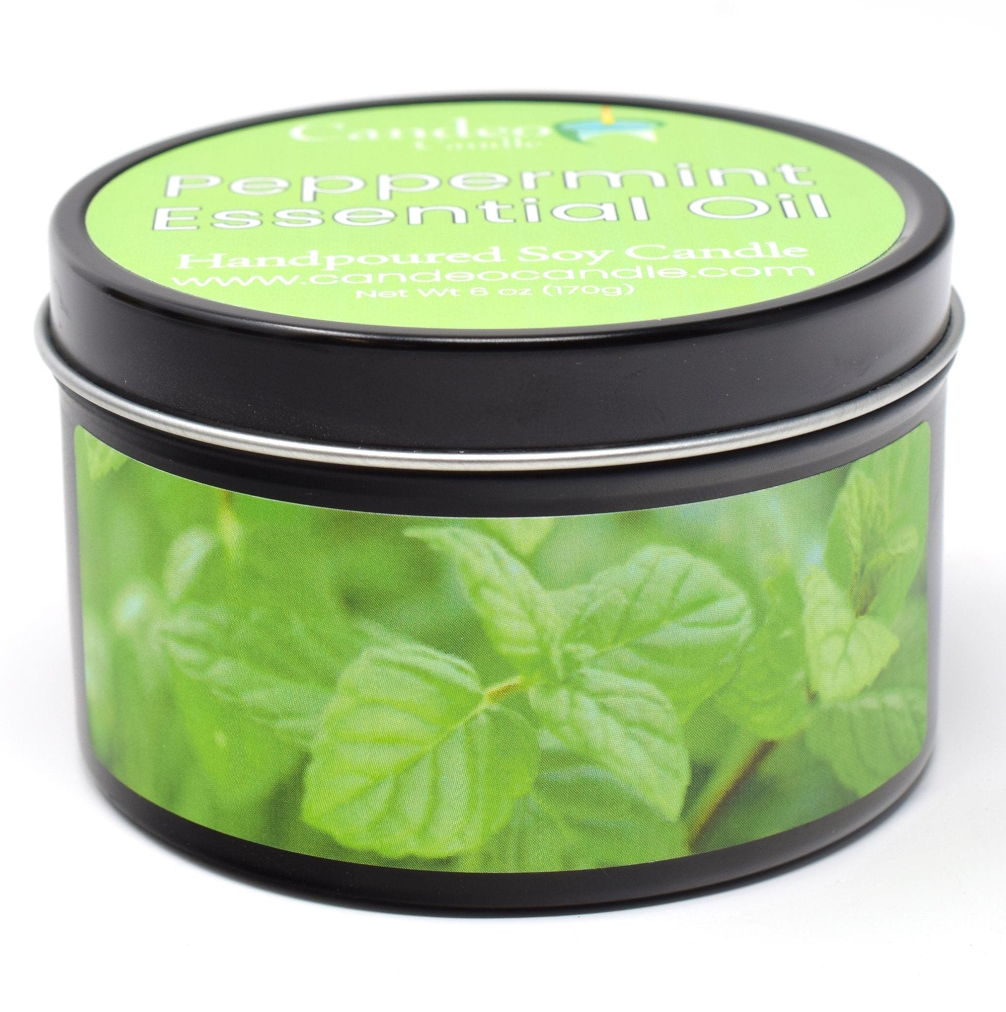 Peppermint Essential Oil, 6oz Soy Candle Tin - Candeo Candle