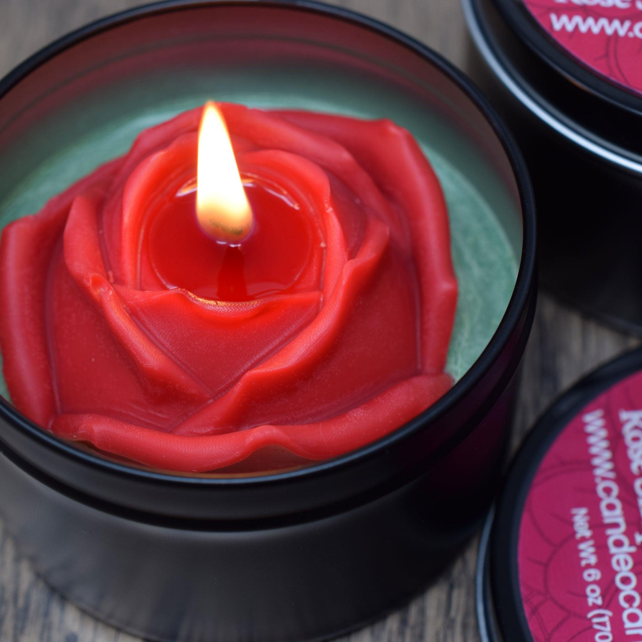 Rose Shaped Soy Candle, Amber Rose Scented, 6oz Soy Candle Tin - Candeo Candle