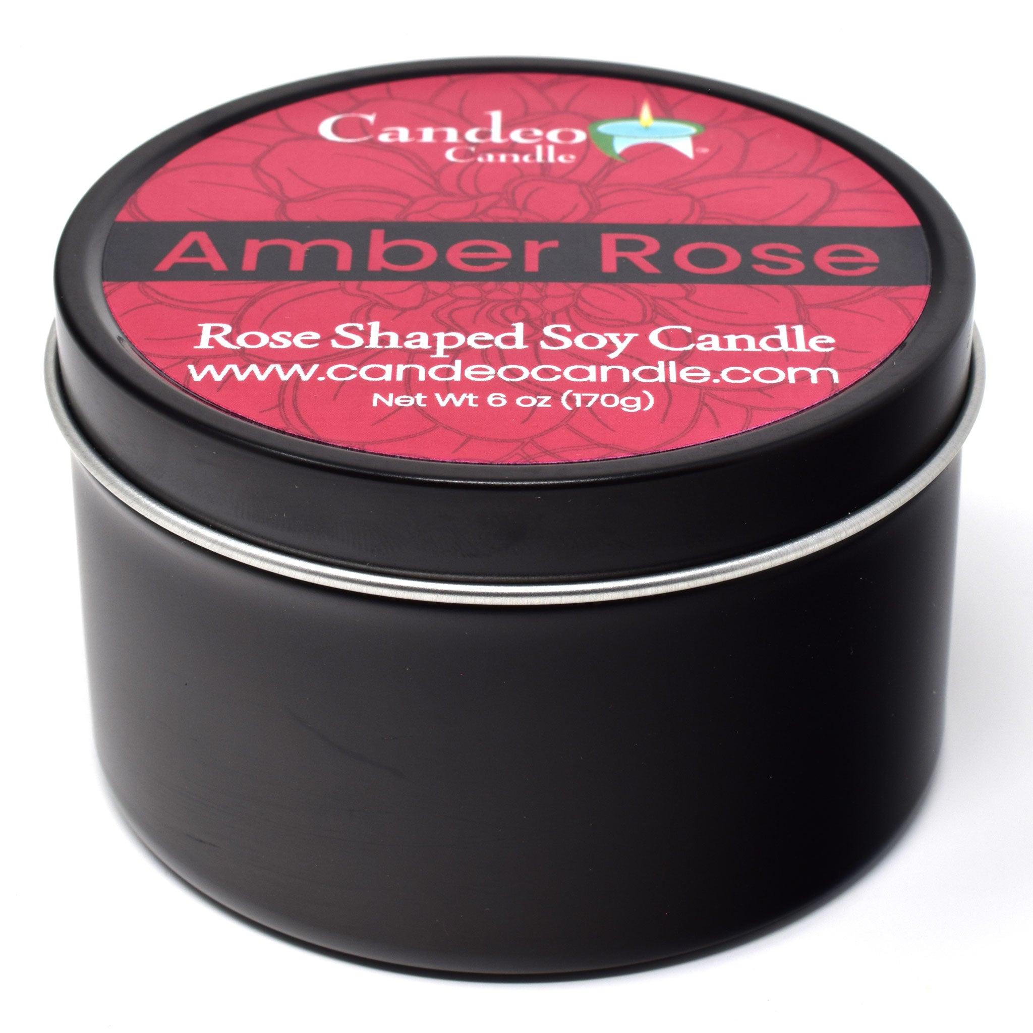 Rose Shaped Soy Candle, Amber Rose Scented, 6oz Soy Candle Tin - Candeo Candle