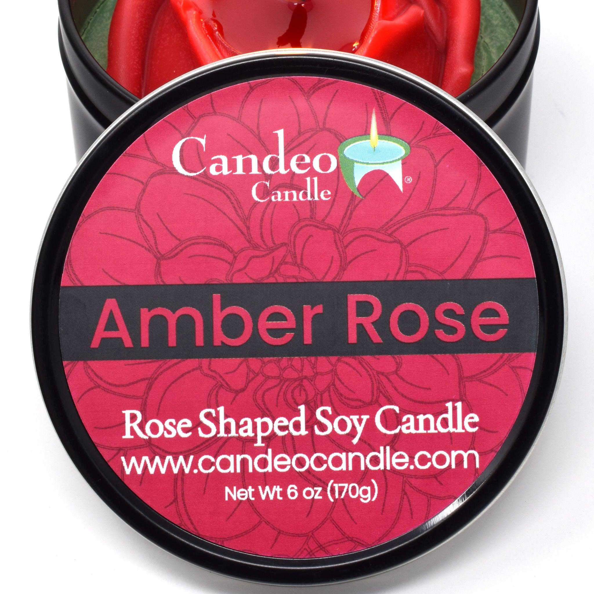 Rose Shaped Soy Candle, Amber Rose Scented, 6oz Soy Candle Tin - Candeo Candle