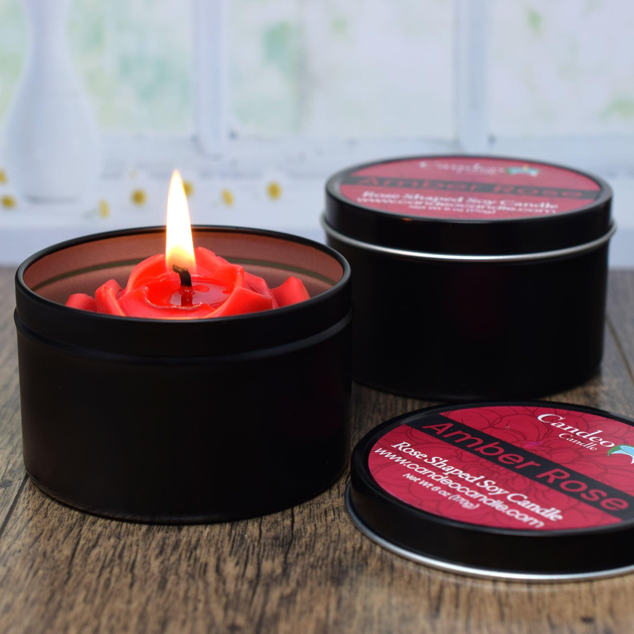 Rose Shaped Soy Candle, Amber Rose Scented, 6oz Soy Candle Tin - Candeo Candle
