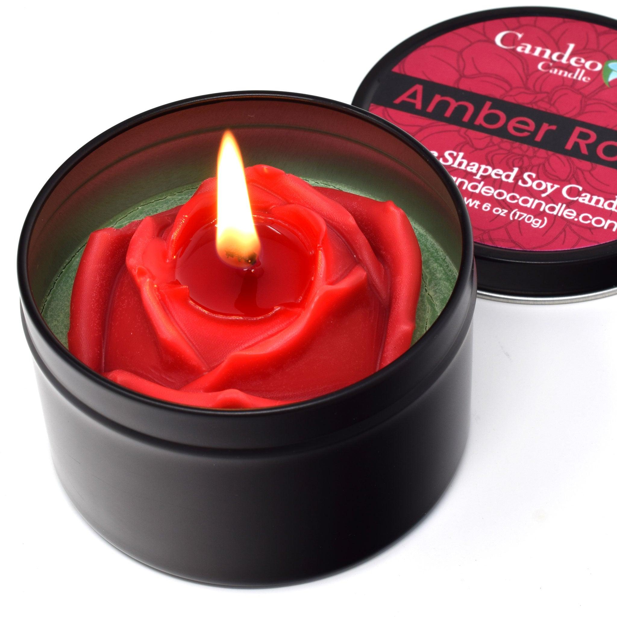 Rose Shaped Soy Candle, Amber Rose Scented, 6oz Soy Candle Tin - Candeo Candle